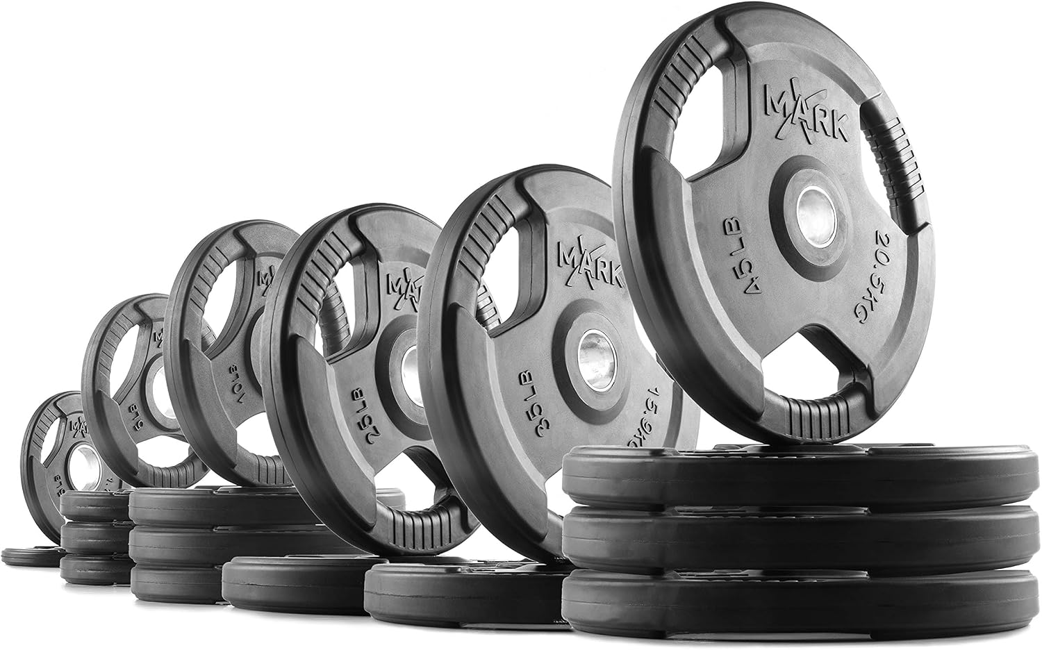 XMARK TRI-GRIP Pair or Set of Olympic Weight Plates, Rubber Coated Exercise Weights for Olympic Barbell, Strength Training Weight Set for Home Gym