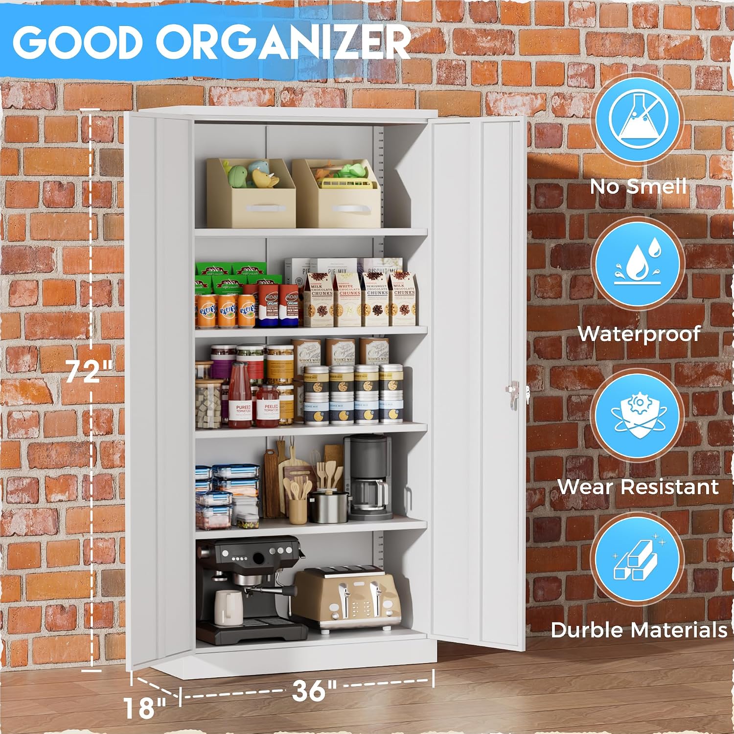 Greenvelly White Metal Storage Cabinet 72' - Steel Garage Cabinet with Doors & Shelves, Anti Tipping