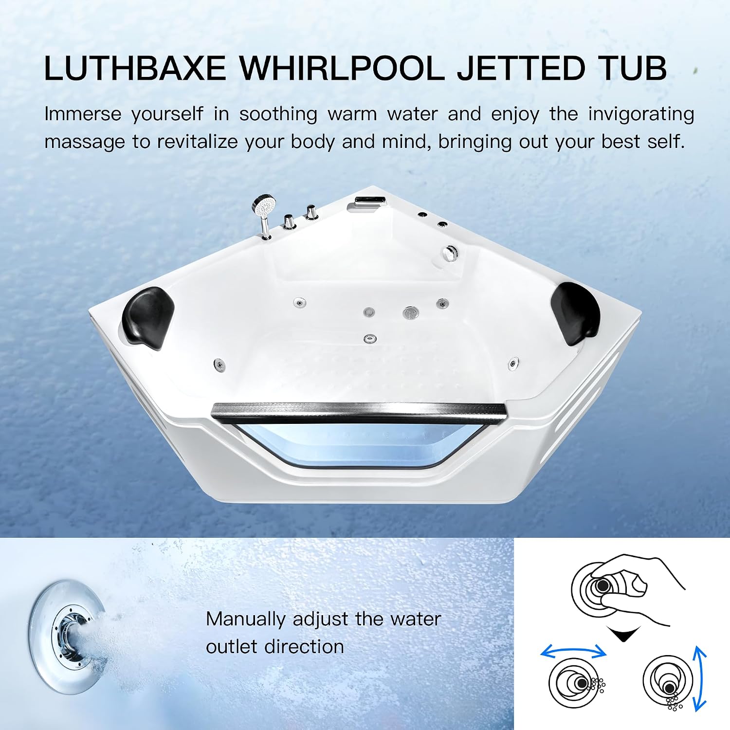 Corner Bathtub - 59'Jetted Soaking Bathtub for 2 Person with 7 Color Lights - Home Spa Bath tub with 6 Jets Hydro Massage Acrylic Soaking Tub with Double Pillow Chromatherapy - ETL Certified