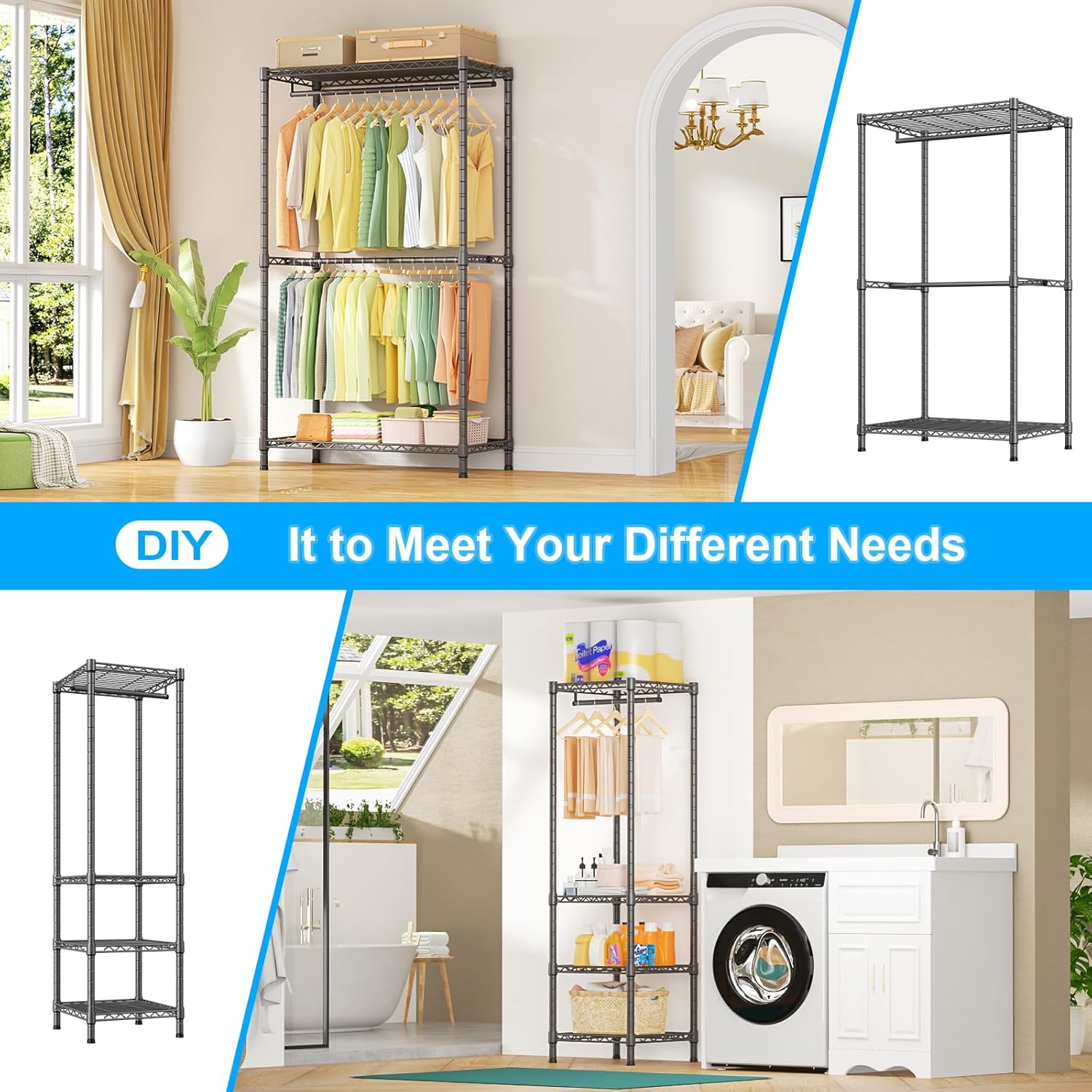 Ulif E10 (With Stretchable Hanger Rod) and E12C (With Black Dustproof Cover) Heavy Duty Closet Organizer System, Freestanding Clothing Rack for Hanging Clothes, Adjustable Garment Rack