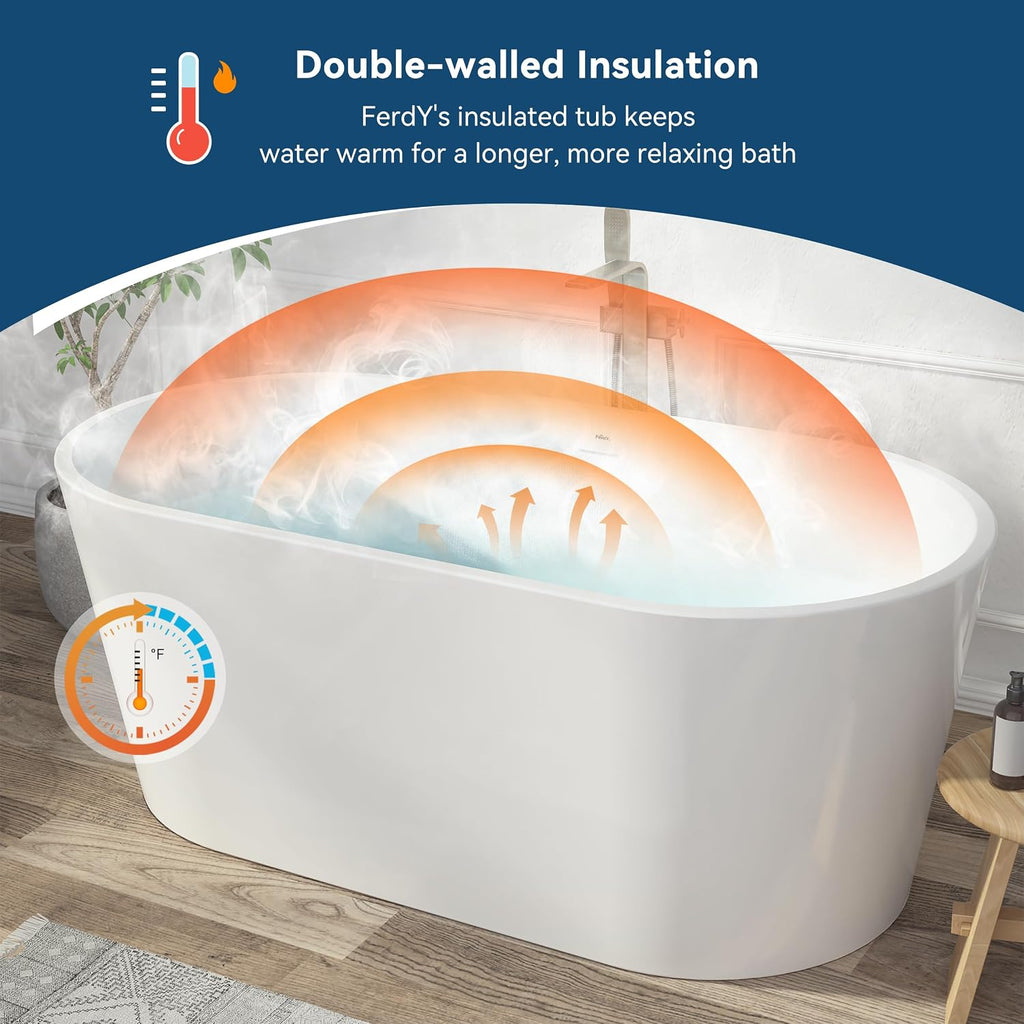 FerdY Shangri-La 59' Acrylic Freestanding Bathtub, Gracefully Shaped Soaking Bathtub, Glossy White, cUPC Certified, Polishe White Drain & Minimalist Linear Design Overflow Included, 02522