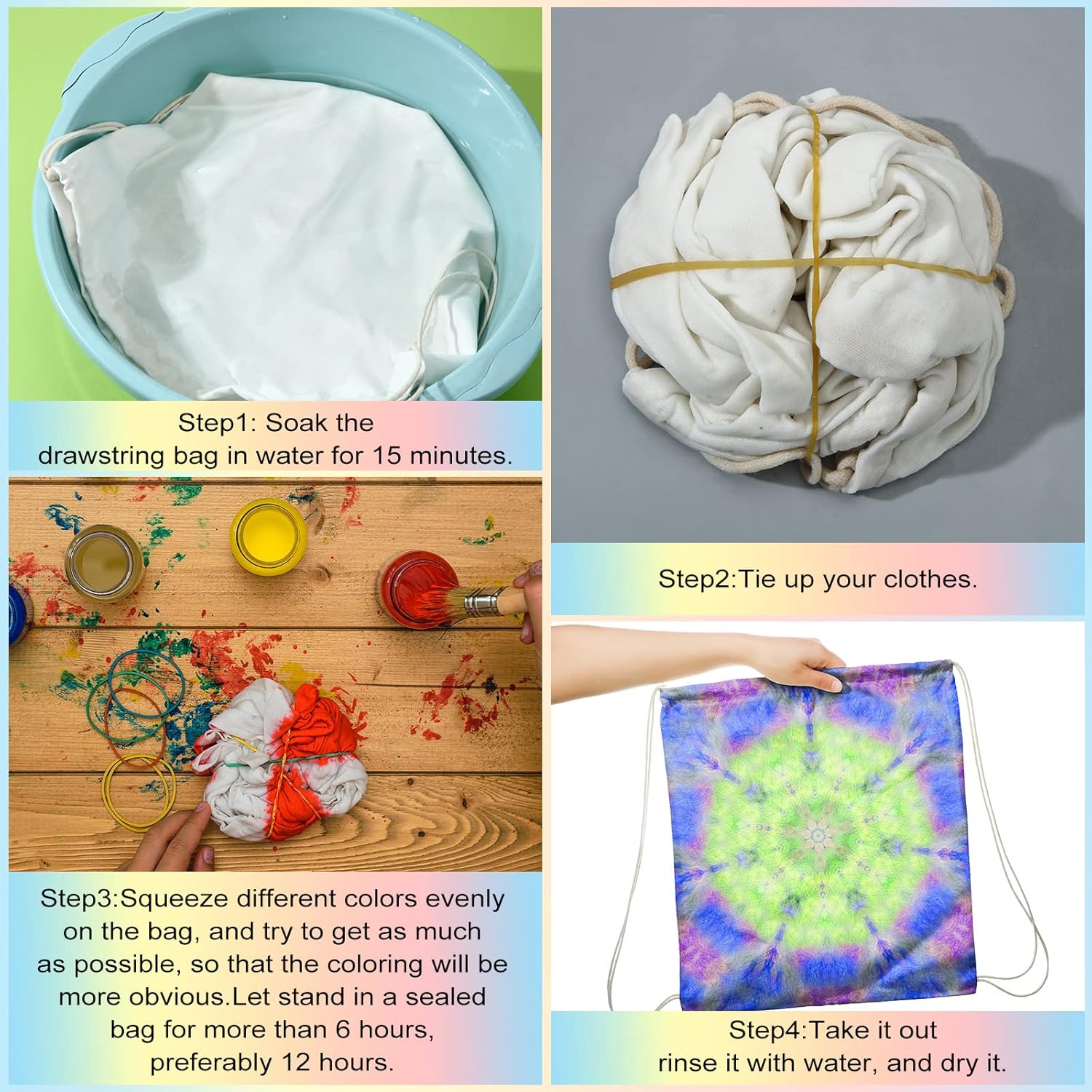 Saintrygo 200 Pcs Tie Dye Drawstring Bags Cotton Sublimation Blank Backpack Bulk Tie Dye Kits Things for Large Groups, 14'x16'