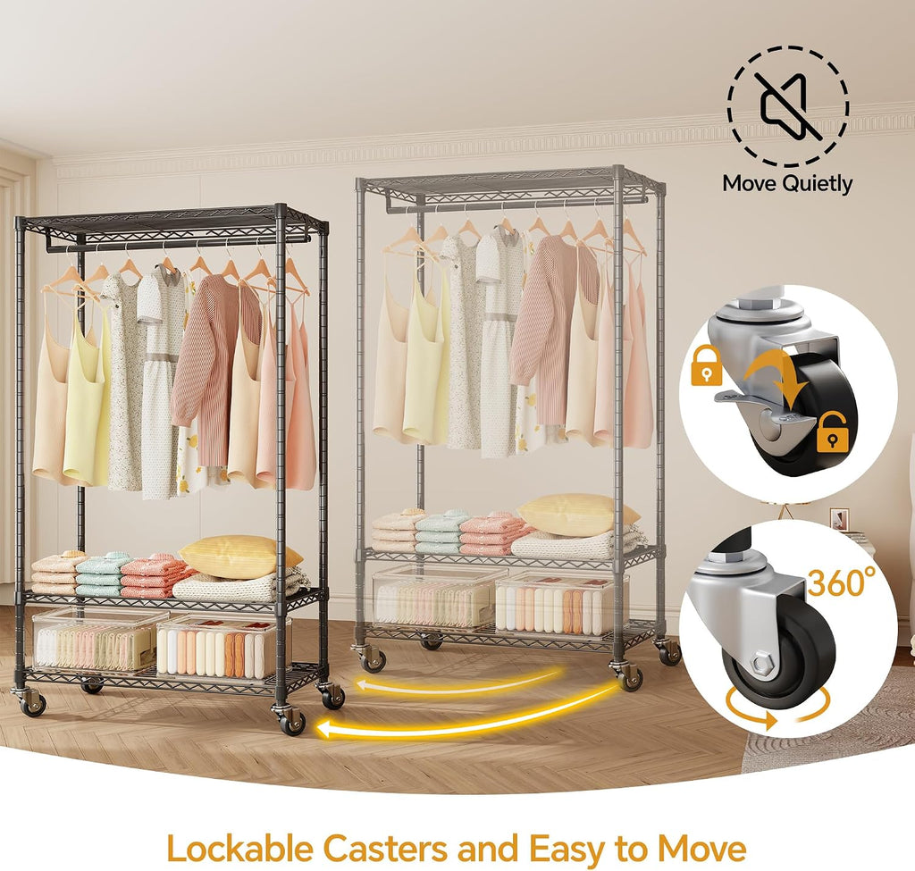 Higeego H4 Plus Rolling Garment Rack with Cover, Heavy Duty Clothes Rack with Wheels, Portable Closet for Hanging Clothes, Wardrobe Closets Organizer Storage, Black Closet Rack with Black Fabric Cover