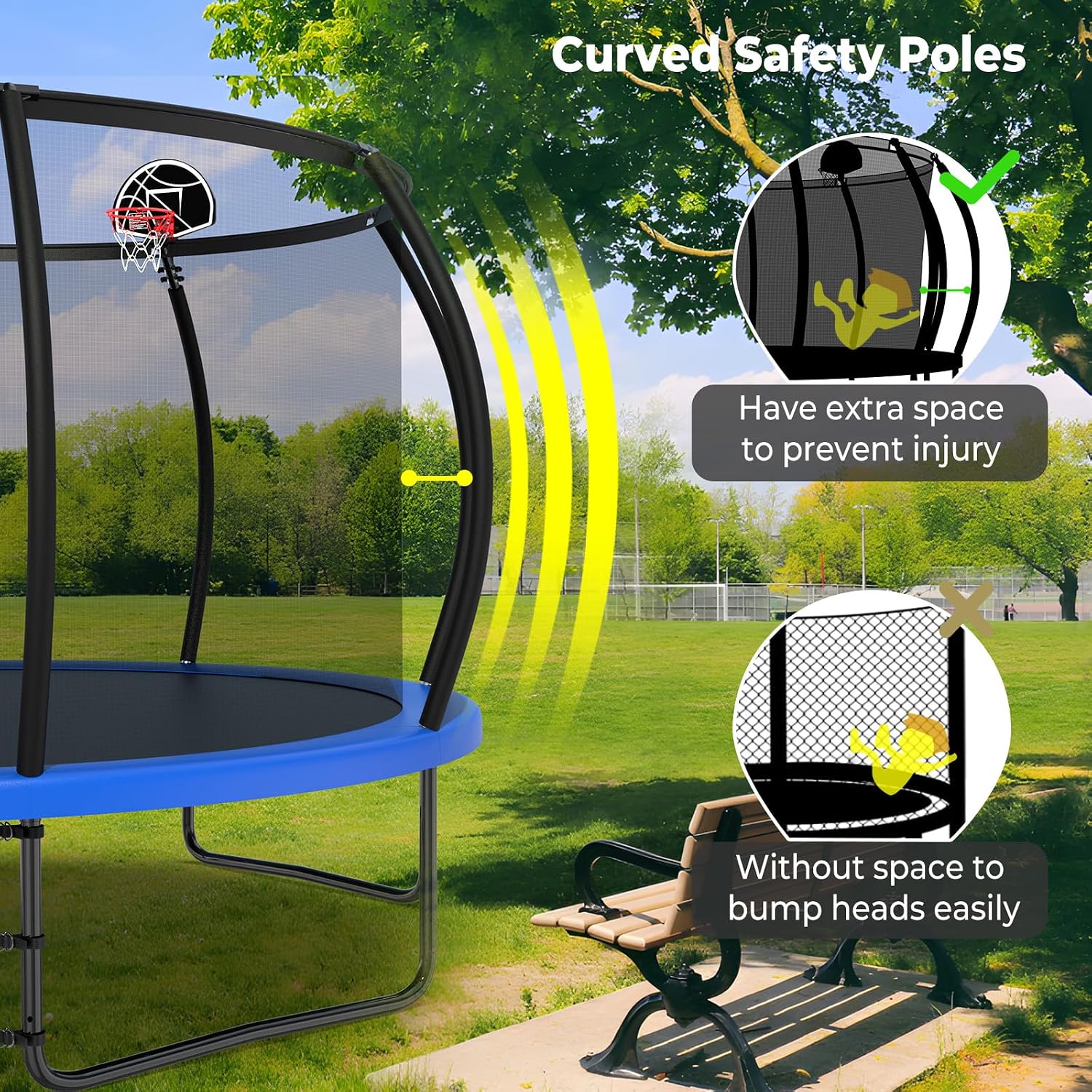 Lyromix 12 14 15 16FT Outdoor Trampolines for Kids and Adults, Pumpkin Trampolin with Curved Poles, Recreational Trampolin with Basketball Hoop and Safety Enclosure Net for Kids and Adults