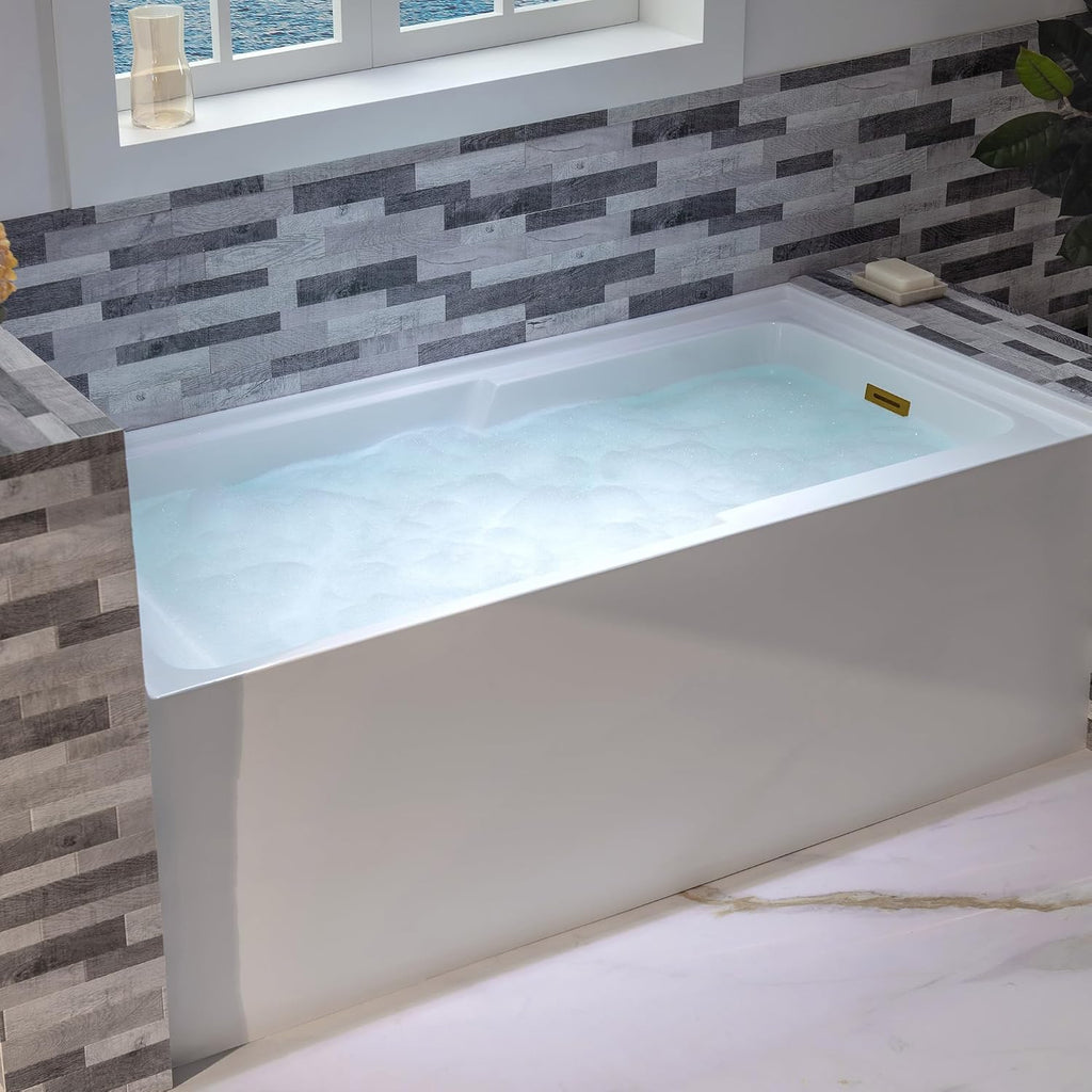 WOODBRIDGE 60' Acrylic Rectangular Alcove Soaking Bathtub in White with Right Drain, Brushed Gold Pop-Up Drain Included BA6030R