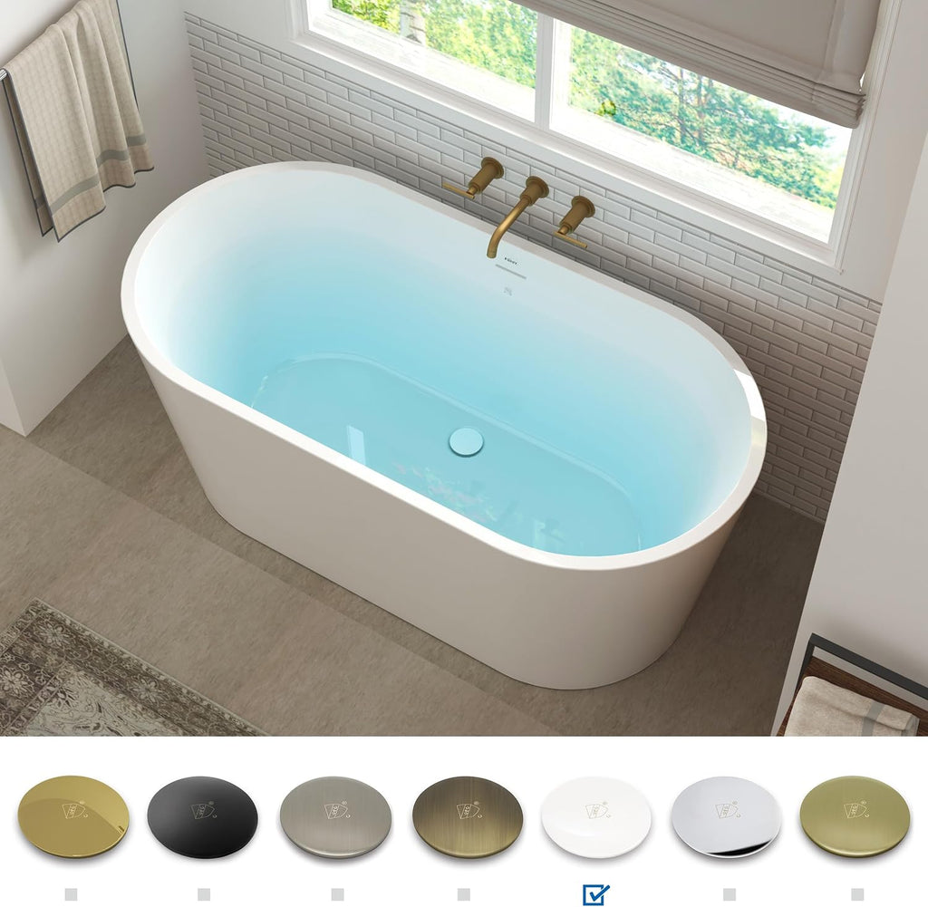 FerdY Shangri-La 55' Acrylic Freestanding Bathtub, Ergonomic Lightweight Classic Oval Soaking Bathtub with Polished White Drain, Minimalist Linear Design Overflow, Modern White