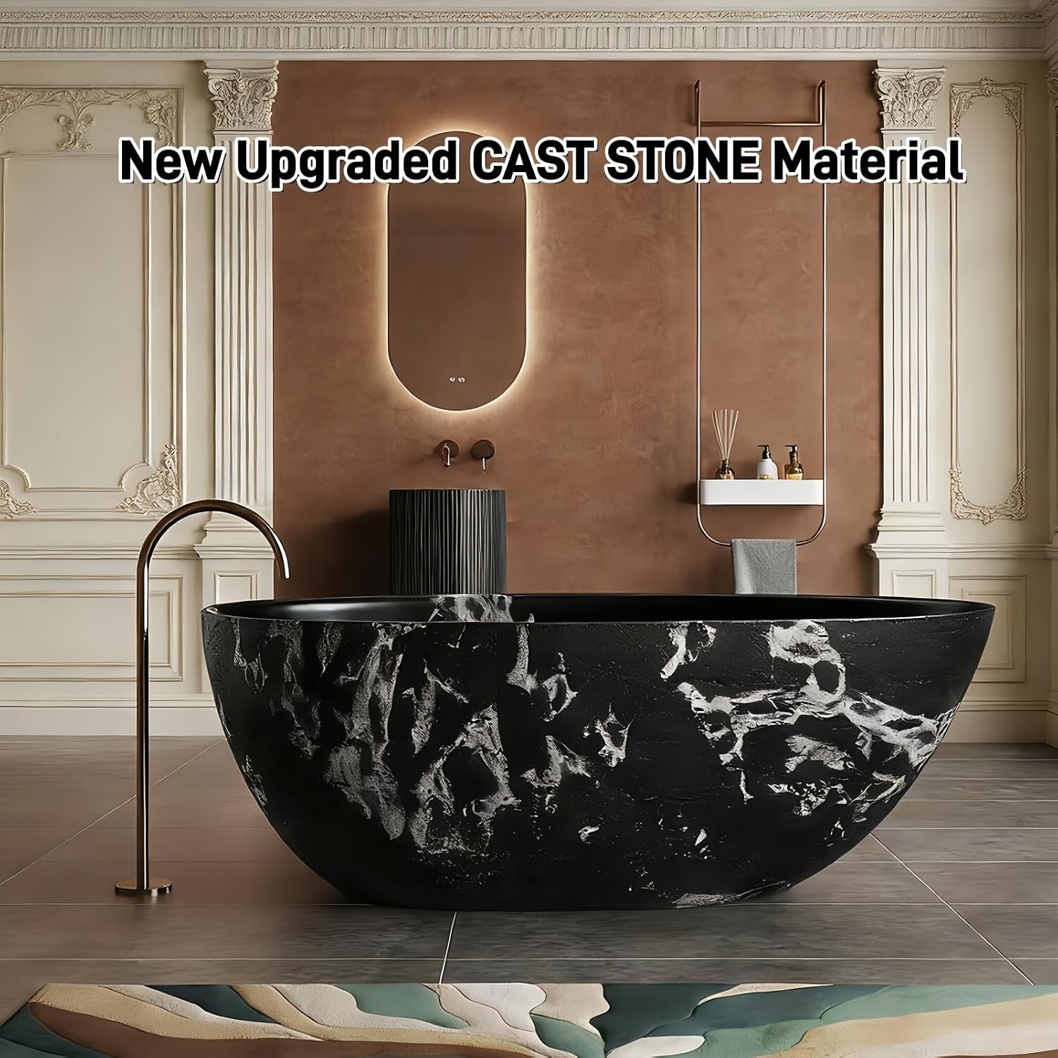 59' Edeyeu Freestanding Bathtub - Solid Surface Soaking Tub With Natural Rock Texture Design, Extra Deep Stand Alone Tub, Ergonomic Free Standing Spa Bath For Luxury Hotel Or Villa, Black