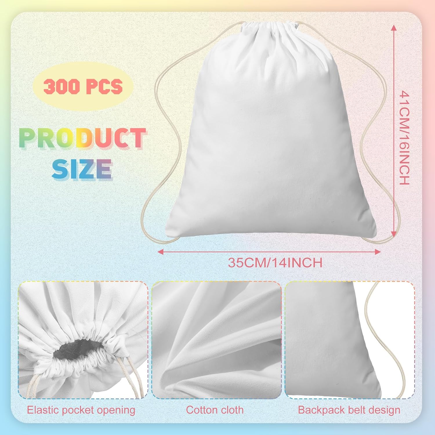 Saintrygo 300 Pcs Tie Dye Drawstring Bags Cotton Sublimation Blank Backpack Bulk Tie Dye Kits Things for Large Groups, 14'x16'