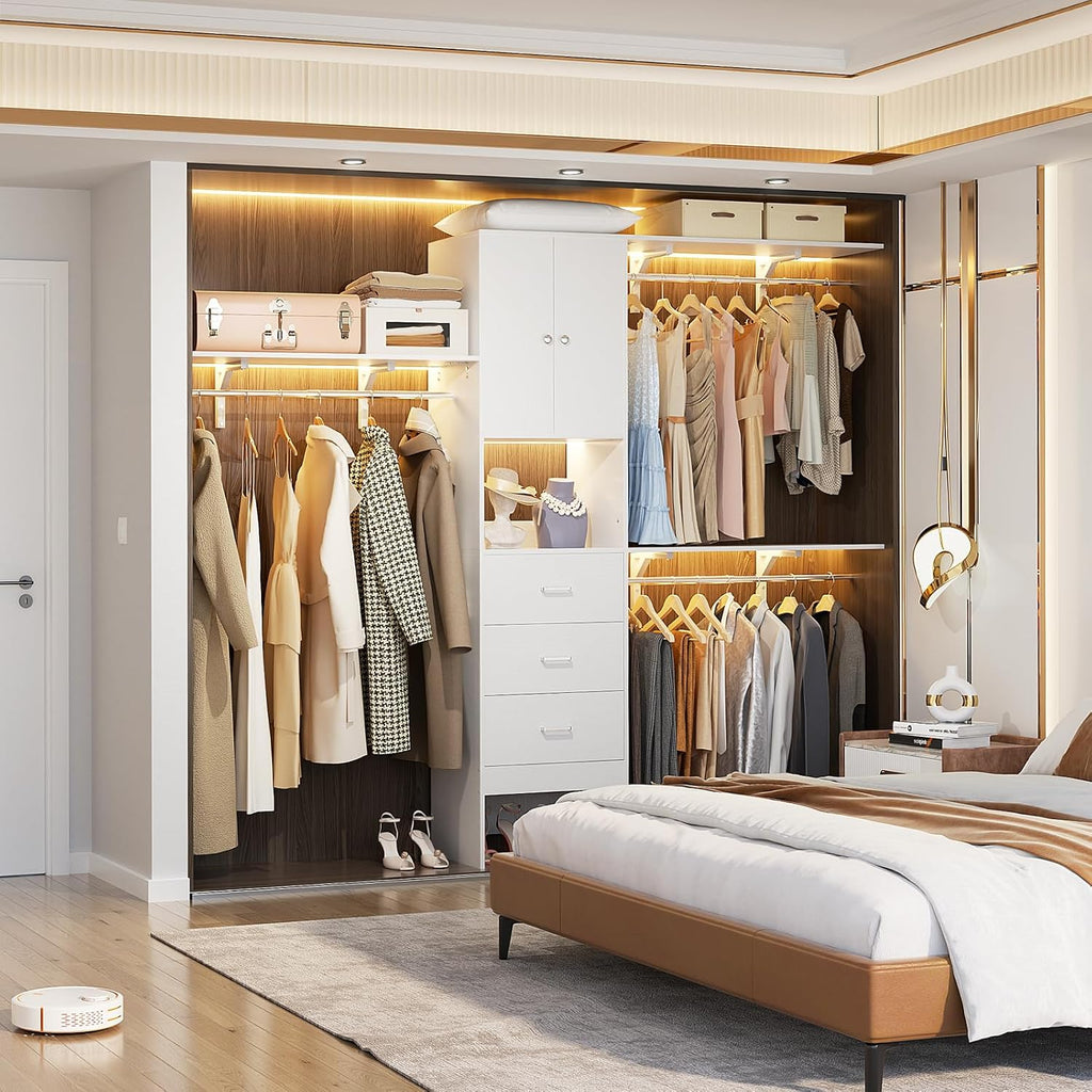 Armocity 96 Inches Closet System with Doors, 8FT Walk In Closet Organizer with 3 Shelving Towers, Heavy Duty Clothes Garment Rack with 3 Wood Drawers, 96' L x 16' W x 80' H, Max Load 1000 LBS, White