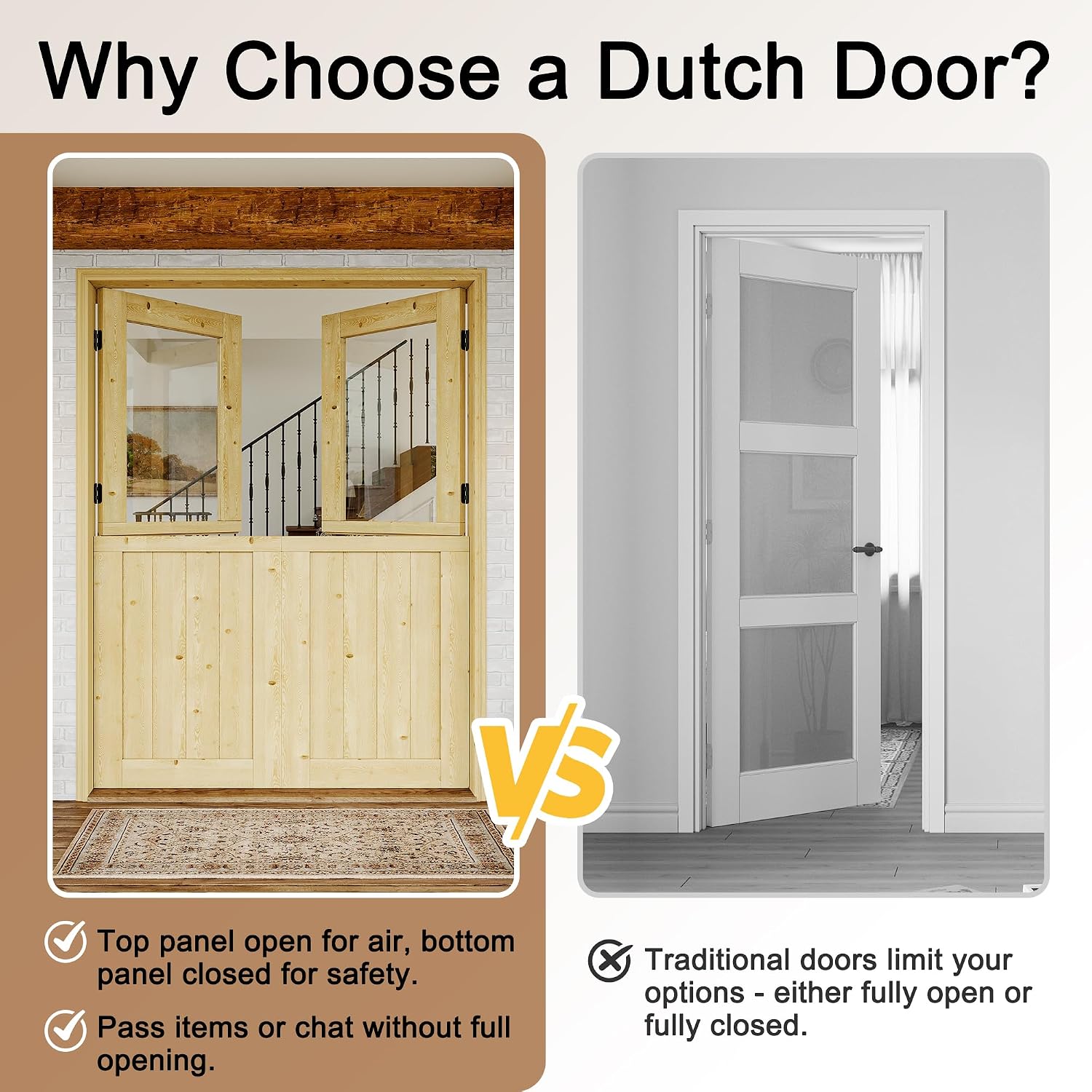 Exterior Dutch Door Slab, 60' x 80', Universal 1 Lite Panel Split Single Doors, Solid Core Home Door, Natural Pine Wood - with 8 Black Hinges & 2 Latch, Without Jamb