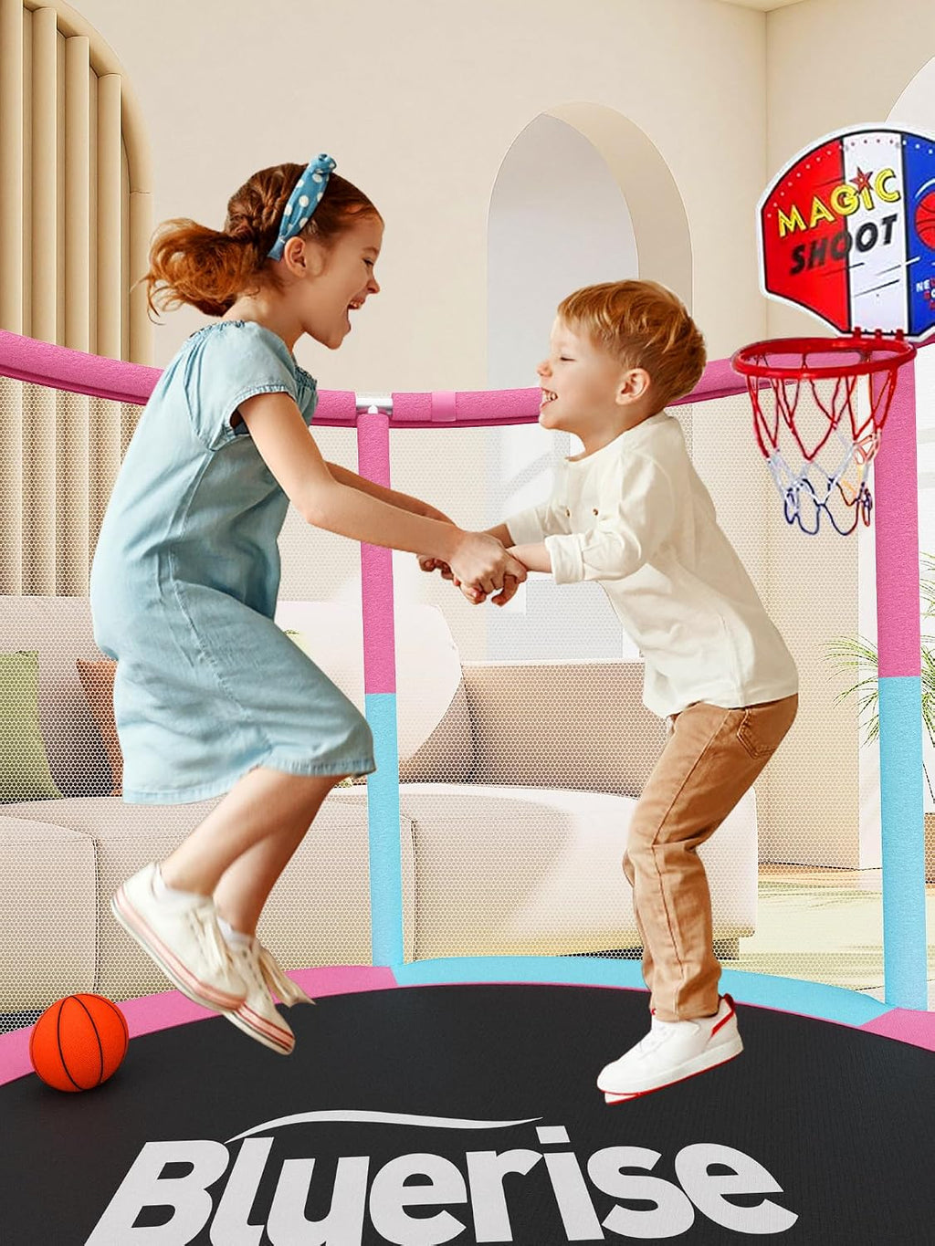 BLUERISE 60' Trampoline for Kids 5FT Toddler Trampolines Indoor/Outdoor with Adjustable Gymnastics Bar & Safety Net, No-Gap Design, Anti-Rollover Bottom, Basketball Hoop, Gifts for Boys & Girls