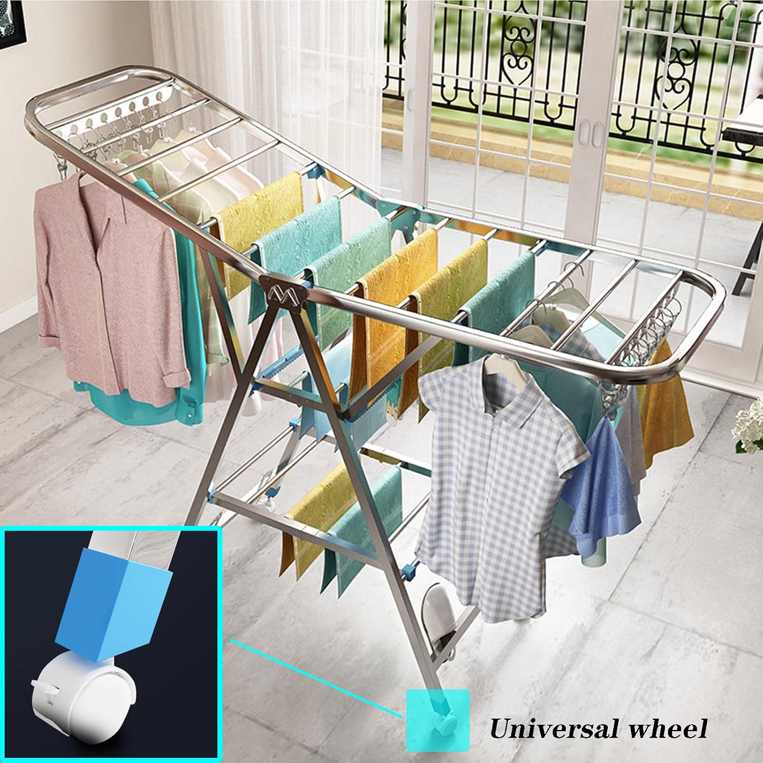Clothes Drying Racks for Laundry Foldable,Rolling Garment Rack Heavy Duty with Wheels,Laundry Stand Organizer Stainless Steel,Clothes Dryer Racks for Laundry(160cm/63in)