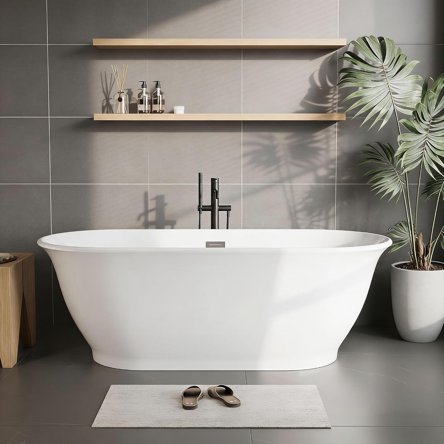 Acrylic Free Standing Tub, Modern Soaking Bathtub with Matte Black Drain and Overflow, Glossy White CUPC Certified Ergonomic Bath Tub, 67Inch