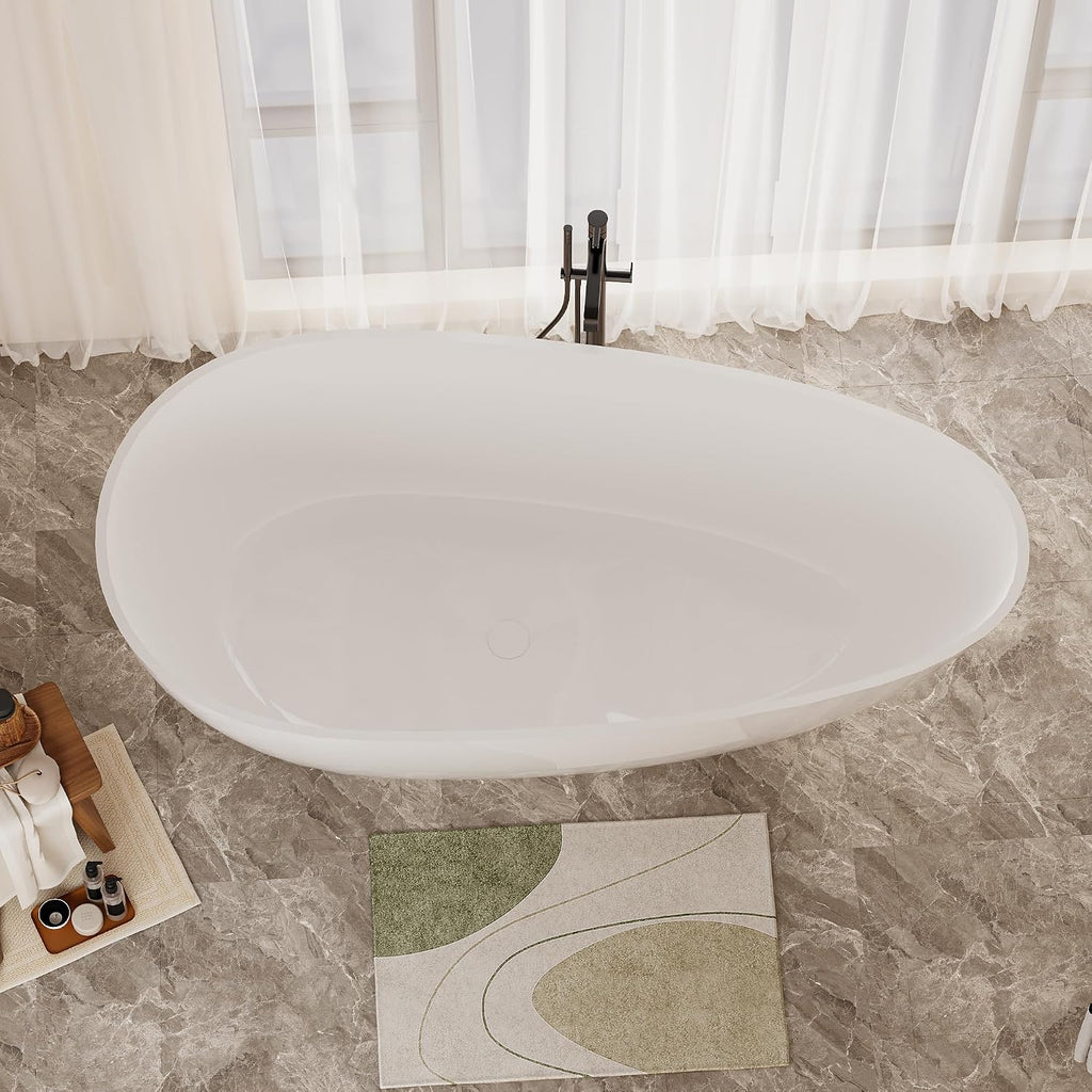 Kaimei 59-Inch Oval Stone Resin Freestanding Bathtub | Deep Soaking Tub with Overflow & Pop-up Drain | Glossy White Spa Tub for Bathroom Relaxation