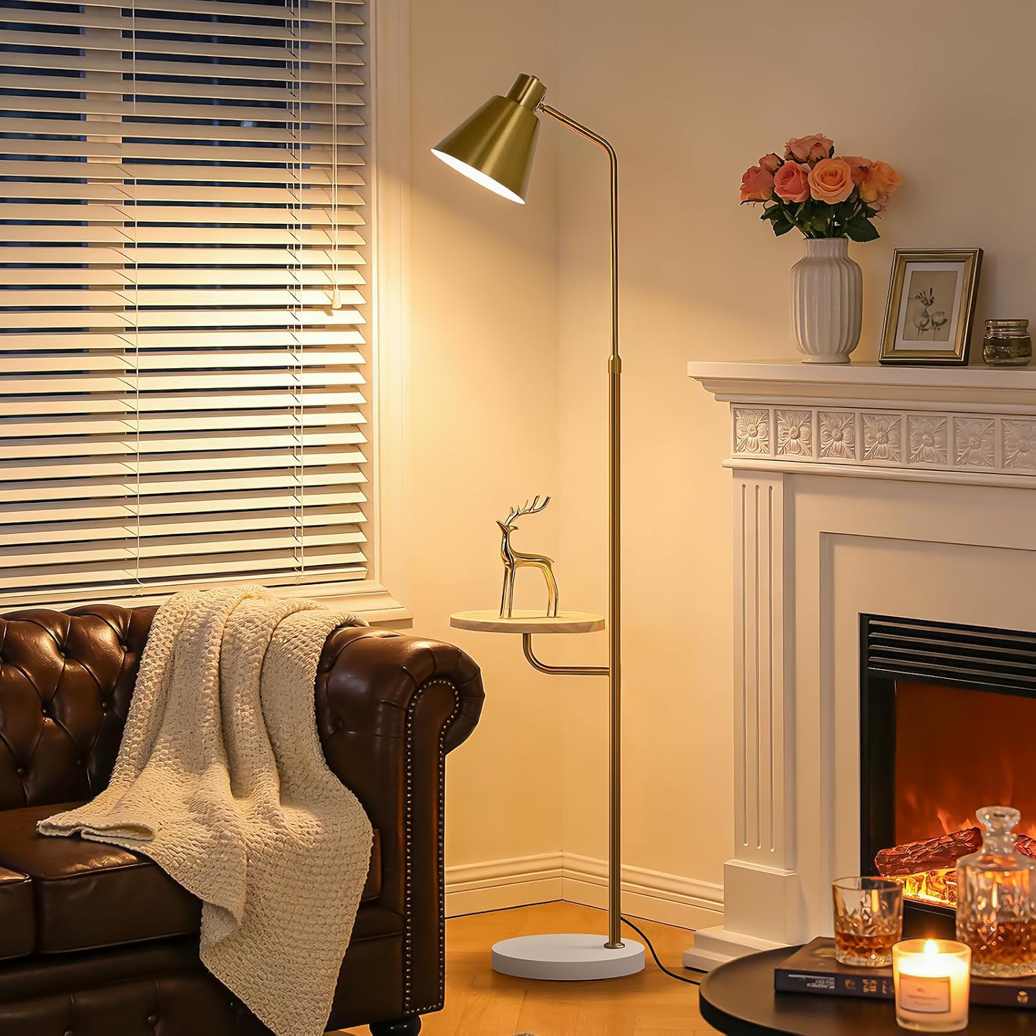 Gold Brushed Floor Lamp with Side Table for Living Room Bedroom, Modern Standing Lamp 12W LED 3-Color Dimmable 3000K/4500K/6500K, Adjustable Gooseneck Reading Light with Wood Shelf for Office Corner