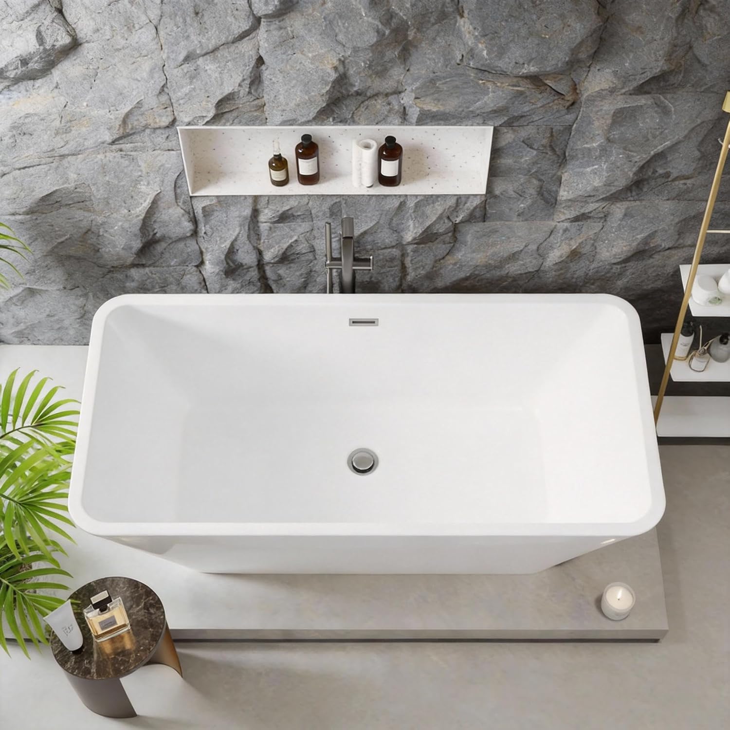 59' Freestanding Acrylic Soaking Tub,Large Freestanding Bathtub with Non-Slip Surface, Overflow and Drain Included, Freestanding Bathtub with Chrome Drain, Deep Stand-Alone Tub for Relaxing Home Spa