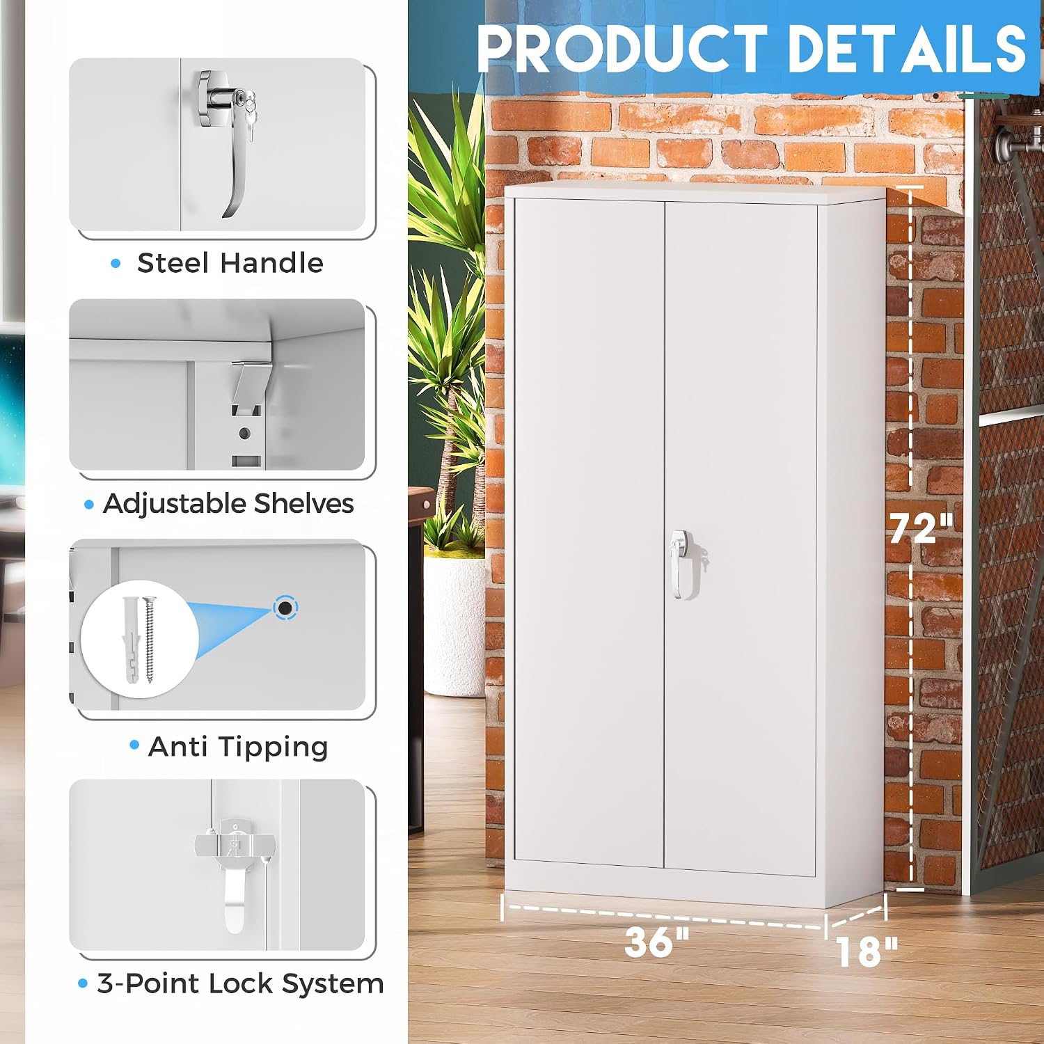 Greenvelly White Metal Storage Cabinet 72' - Steel Garage Cabinet with Doors & Shelves, Anti Tipping