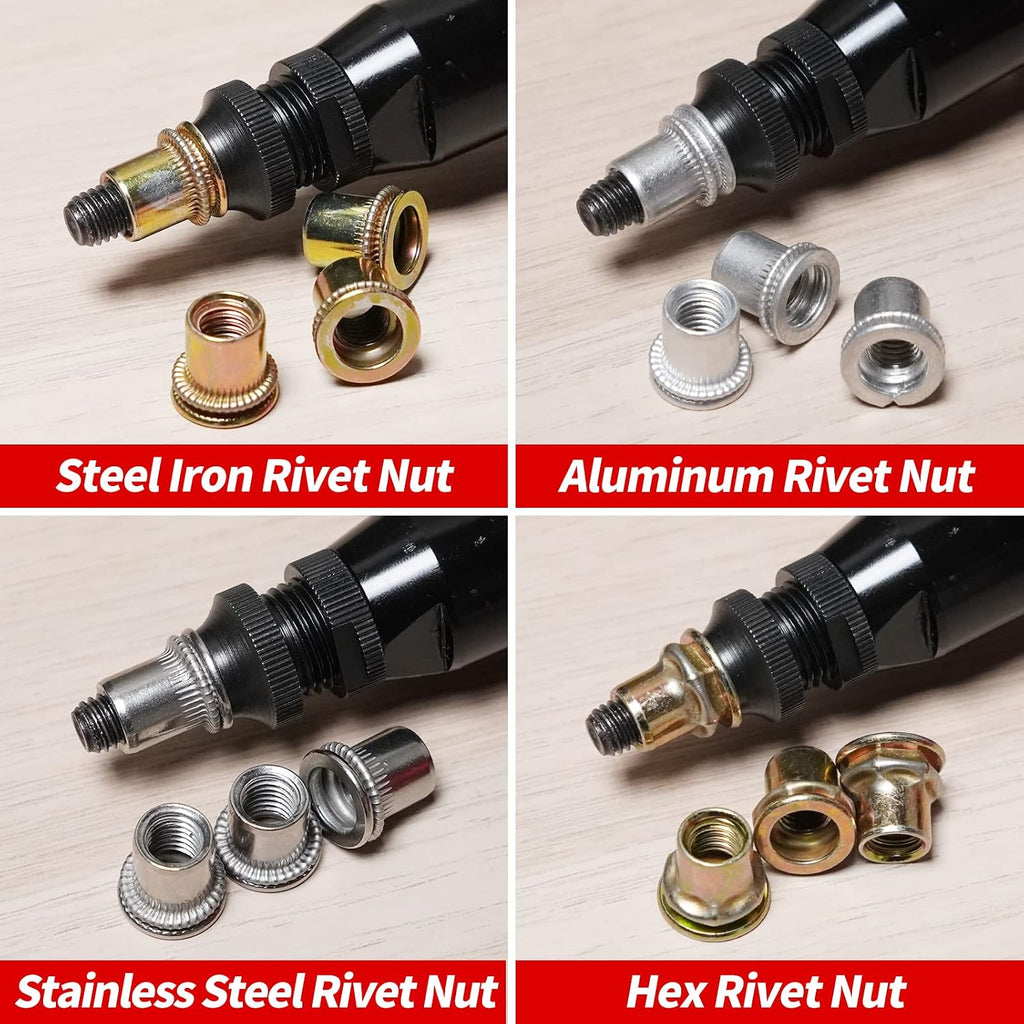 Industrial Hydraulic Pneumatic Riveter Automatic Air Rivet Nut Gun Tool Setting Kit Rivnut Riveting，with Metric & SAE Mandrels (8 Size)