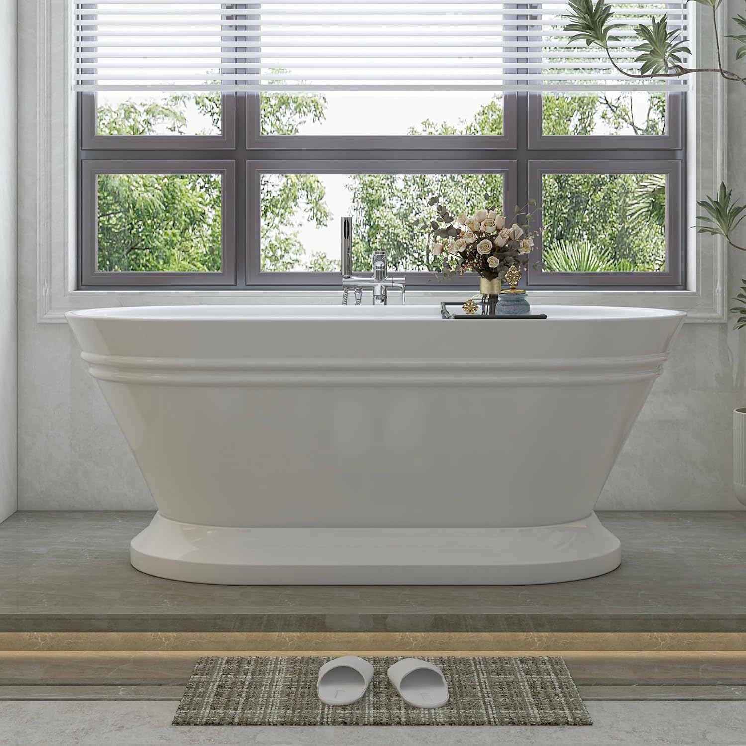 HomeBeyond 59 Inch Free Standing Bathtub | Acrylic Freestanding Soaking Tub, Classic Bathroom Stand Alone Tub Suitable Single Person Bathing, Brushed Nickel Overflow
