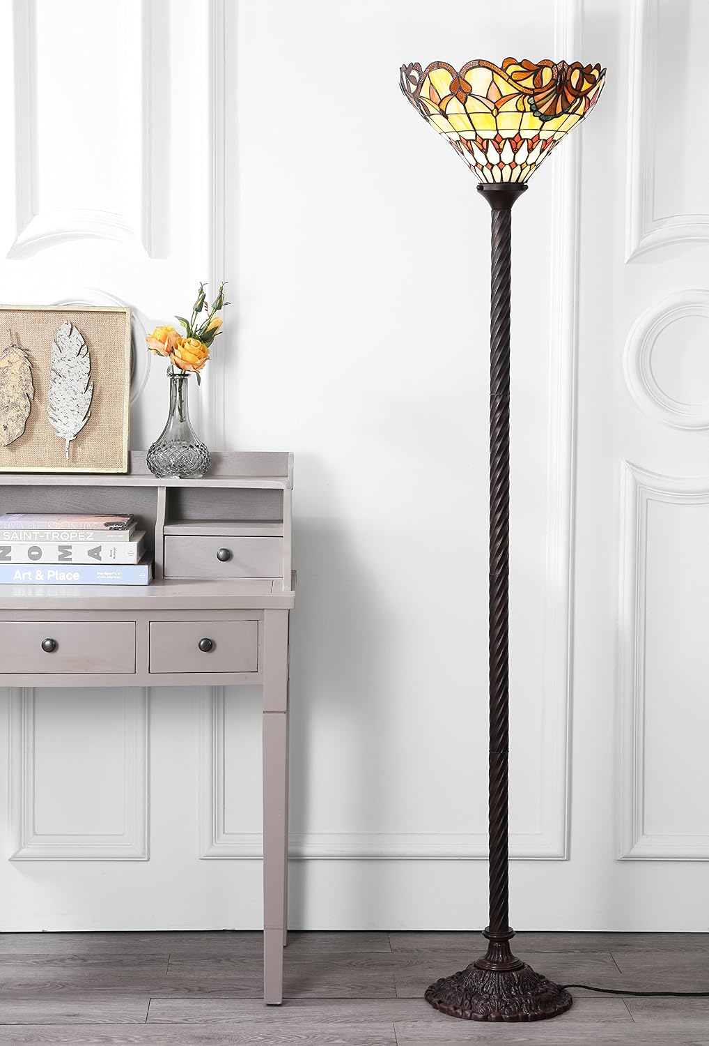 JONATHAN Y 70' Bronze Tiffany-Style Stained Glass Torchiere LED Floor Lamp, Traditional Handcrafted Iron Standing Light with Foot-Step Switch, LED Bulb Included JYL8003A