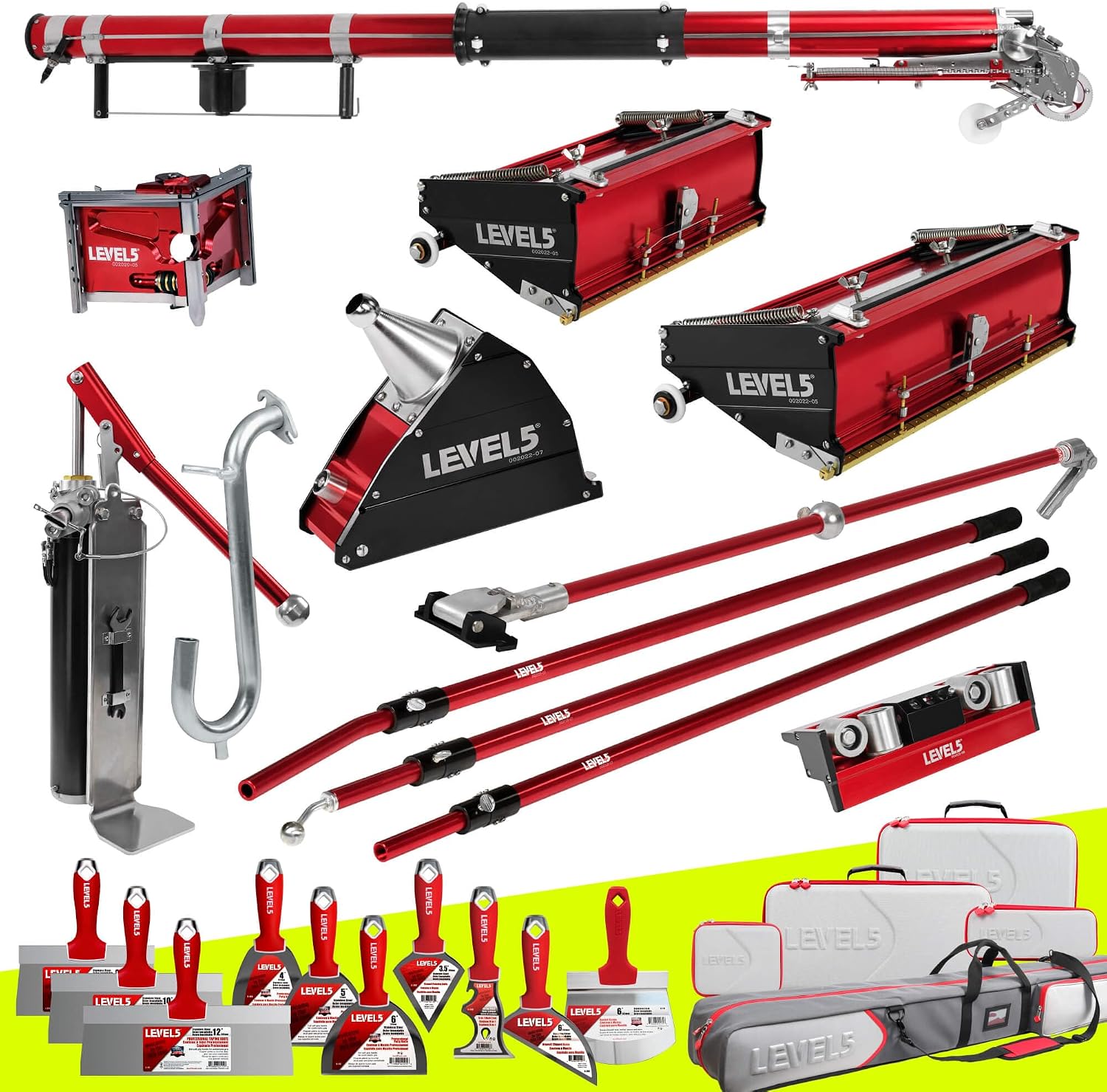 LEVEL5 Automatic Drywall Taping and Finishing Tool Set | 4-600 | Automatic Taper, 10'/12' Flat Boxes, 3' Angle Head, 7' Corner Applicator Box, Corner Roller, Standard Handles, Pump, Gooseneck