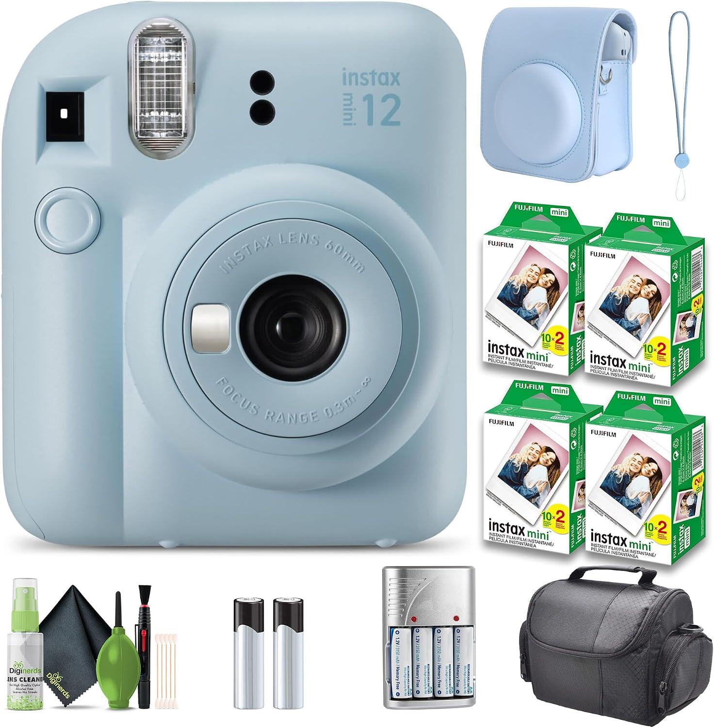 FUJIFILM INSTAX MINI 12 Film Camera Pastel Blue Bundle with Instant Film- 80 Photo Sheets with Camera Case and Accessories Ideal Gift for Kids, Teenage Girl & Adults