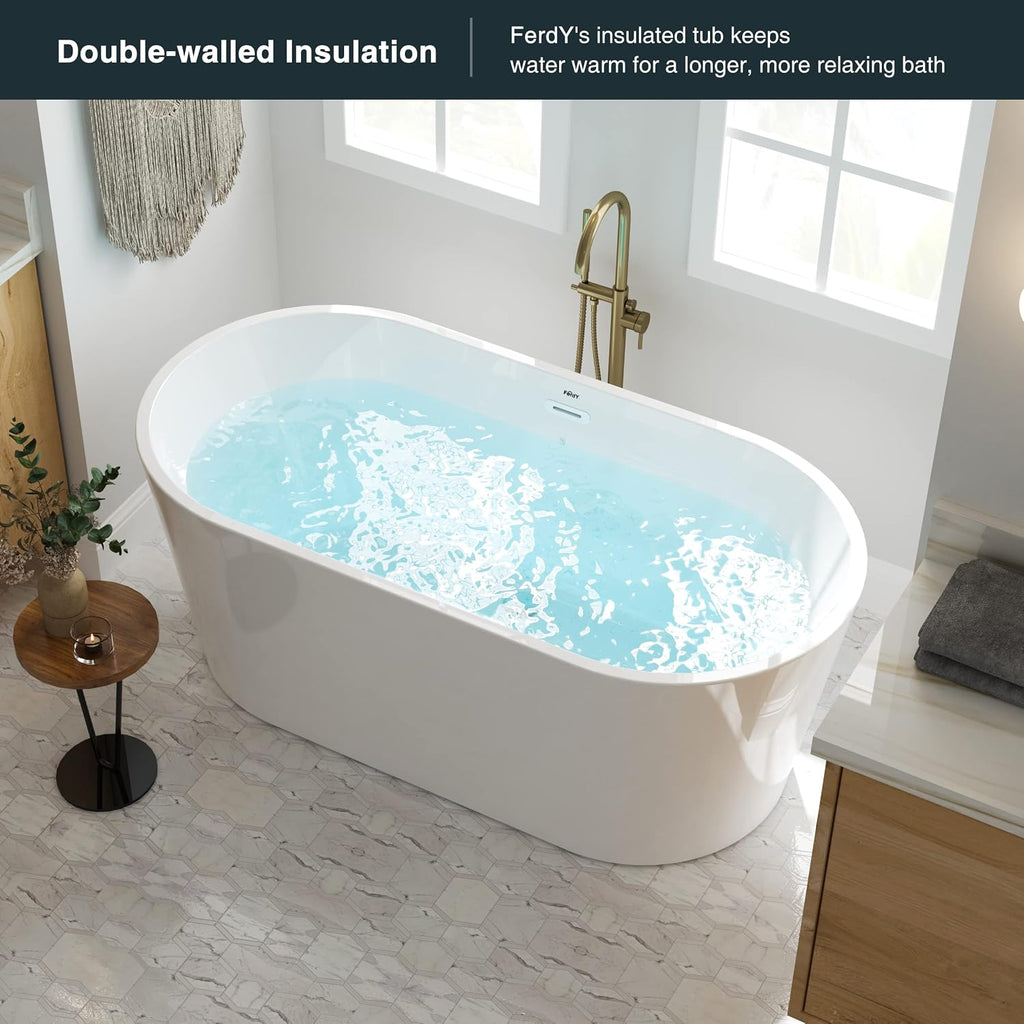 FerdY Shangri-La 59' Acrylic Freestanding Bathtub, Classic Oval Shape Acrylic freestanding tub Modern White, cUPC Certified, Chrome Drain and Classic Slotted Overflow Included