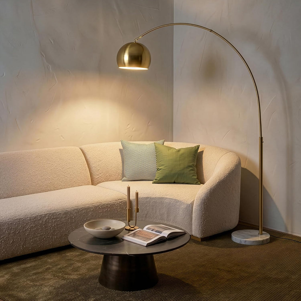 Brightech Olivia Floor Lamp - Chic Arc Lamp with Rounded Spolight Head and Marble Base for Living Room, Tall Standing Lamp with LED Light Bulb for Bedroom Reading, Boho Home Decor for Office - Brass