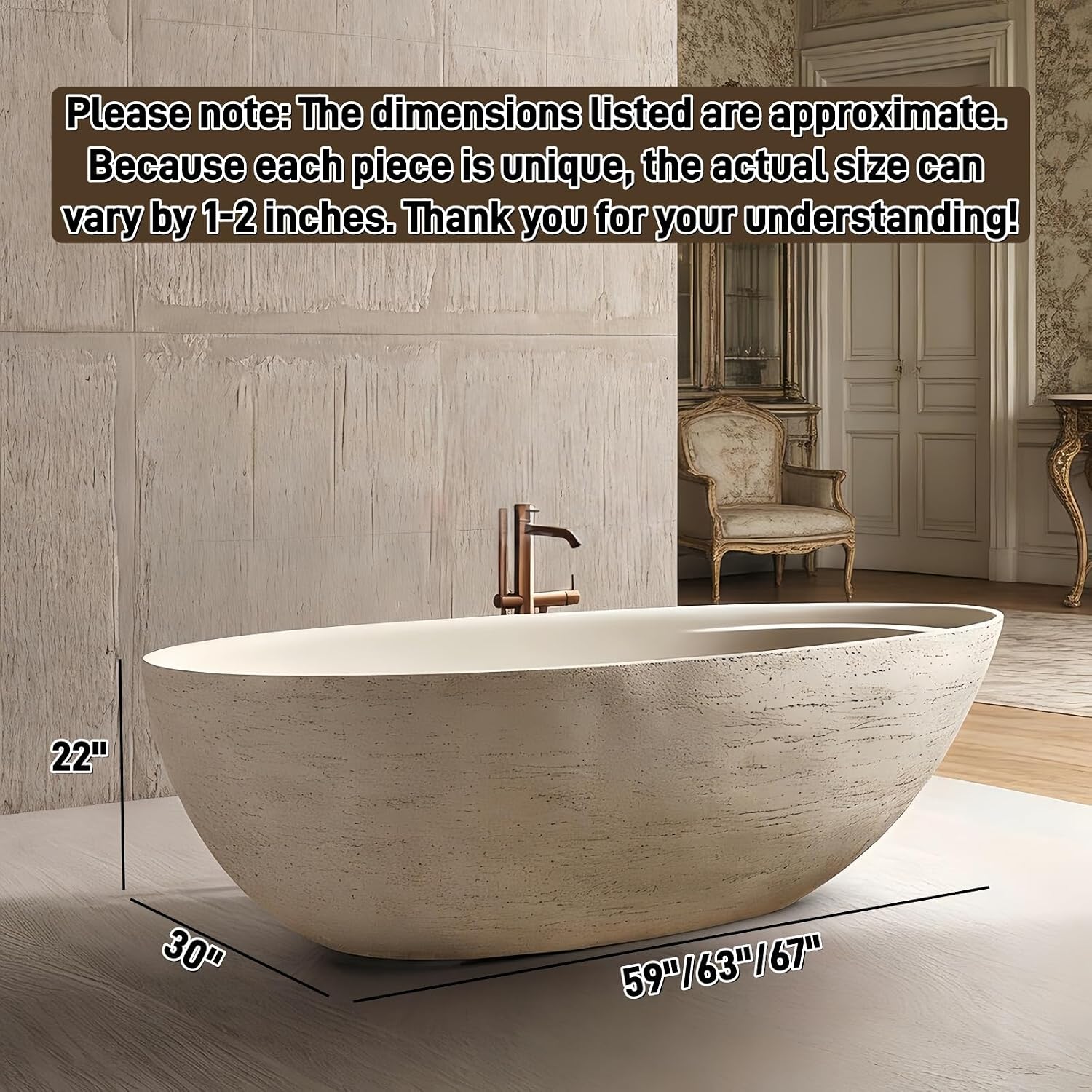 59' Edeyeu Freestanding Bathtub - Solid Surface Bathtub Soaking Tub, Extra Deep Stand Alone Tub, Designer Free Standing Luxury Spa Statement For Elite Bathrooms, Beige