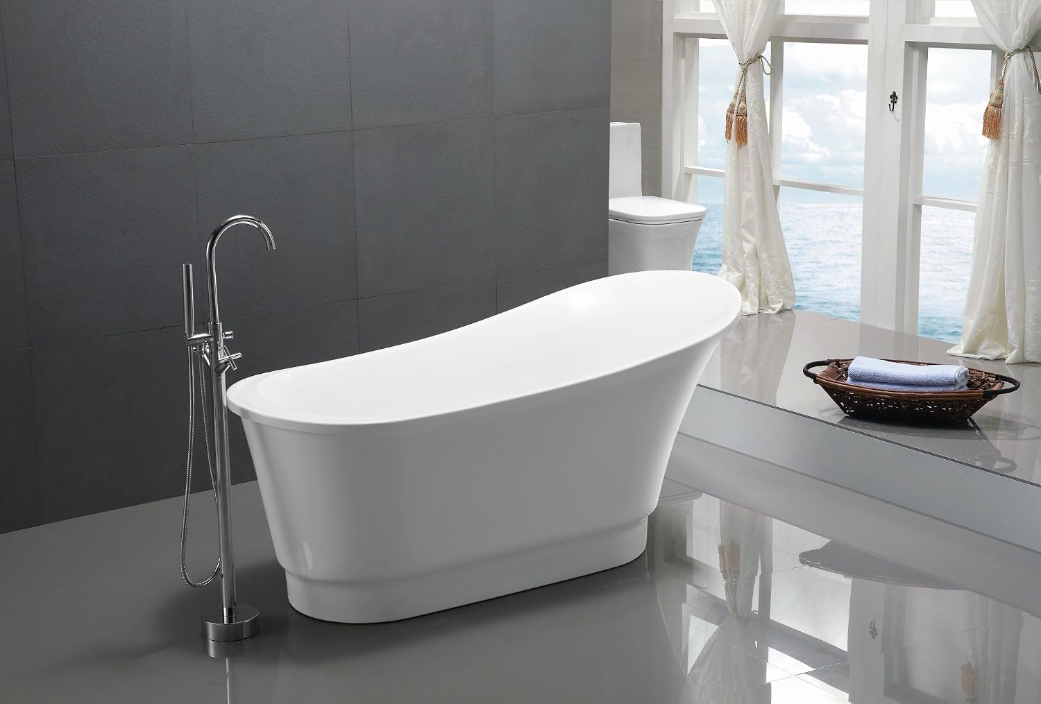ANZZI Freestanding Bathtub Acrylic 67 In Flat Bottom Glossy White Prima Series One Piece Soaking Tub Modern Oval Design Center Drain Solid Surface Reinforced Construction Sleek Style | FT-AZ095