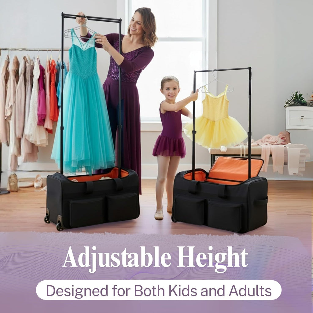 28-Inch Heavy-Duty Rolling Dance Bag with Garment Rack, Upgraded Stable Rack System, Smooth-Rolling Wheels & Telescoping Handle, 900D Waterproof Fabric, Multiple Pockets, Competition Travel Duffel