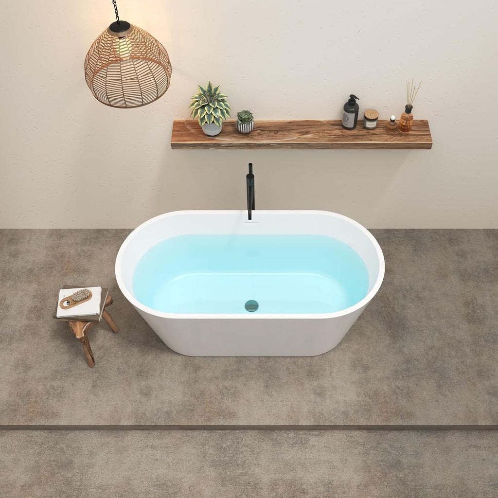 59' Acrylic Freestanding Bathtub, Modern & Contemporary Design Soaking Tub with Brushed Nickel Toe-tap Drain in Chrome and Integrated Slotted Overflow, Glossy White, cUPC Certified, 02136-BN