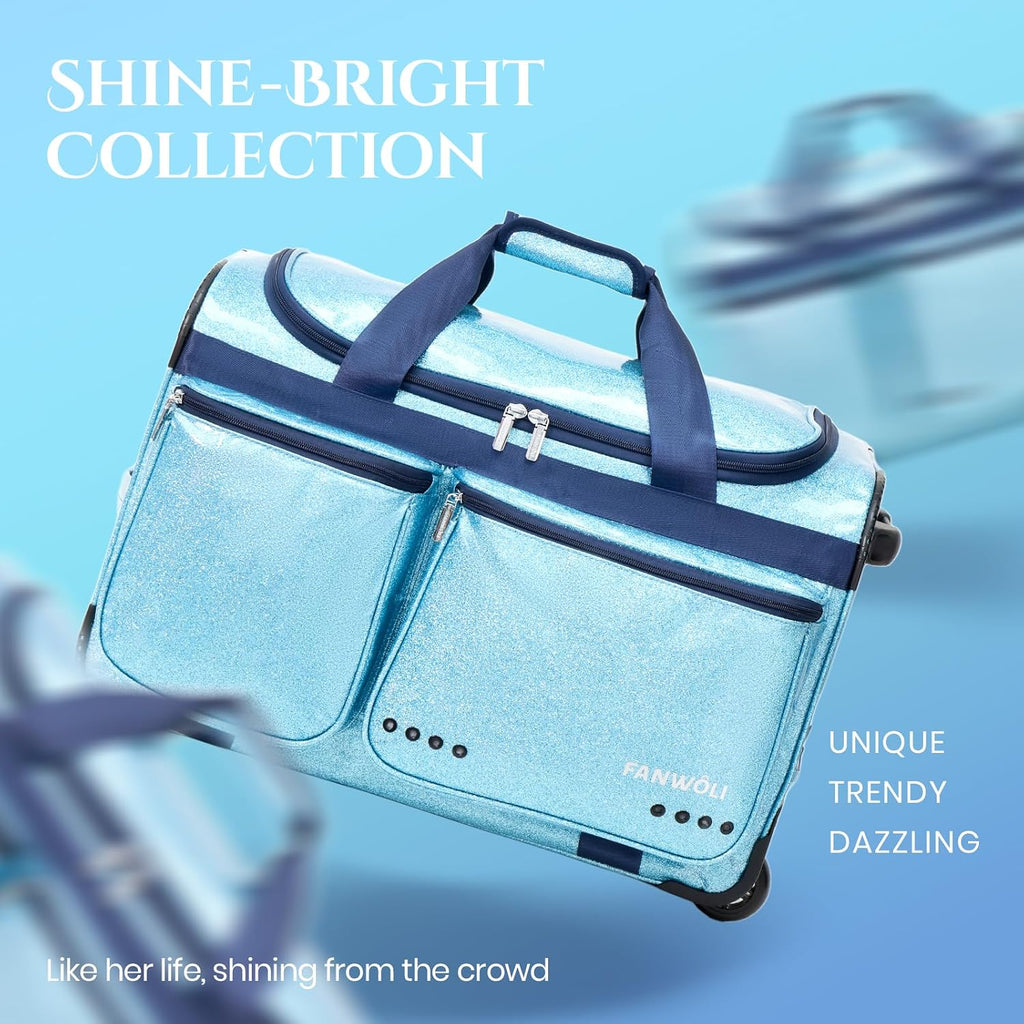 Fanwoli 23' Dance Bag with Garment Rack | Glittering Waterproof Fabric | Shine-Bright Collection | Ideal Competition Rolling Duffle Bag for Dancer Cheerleader Little Princess | Sparkle Blue