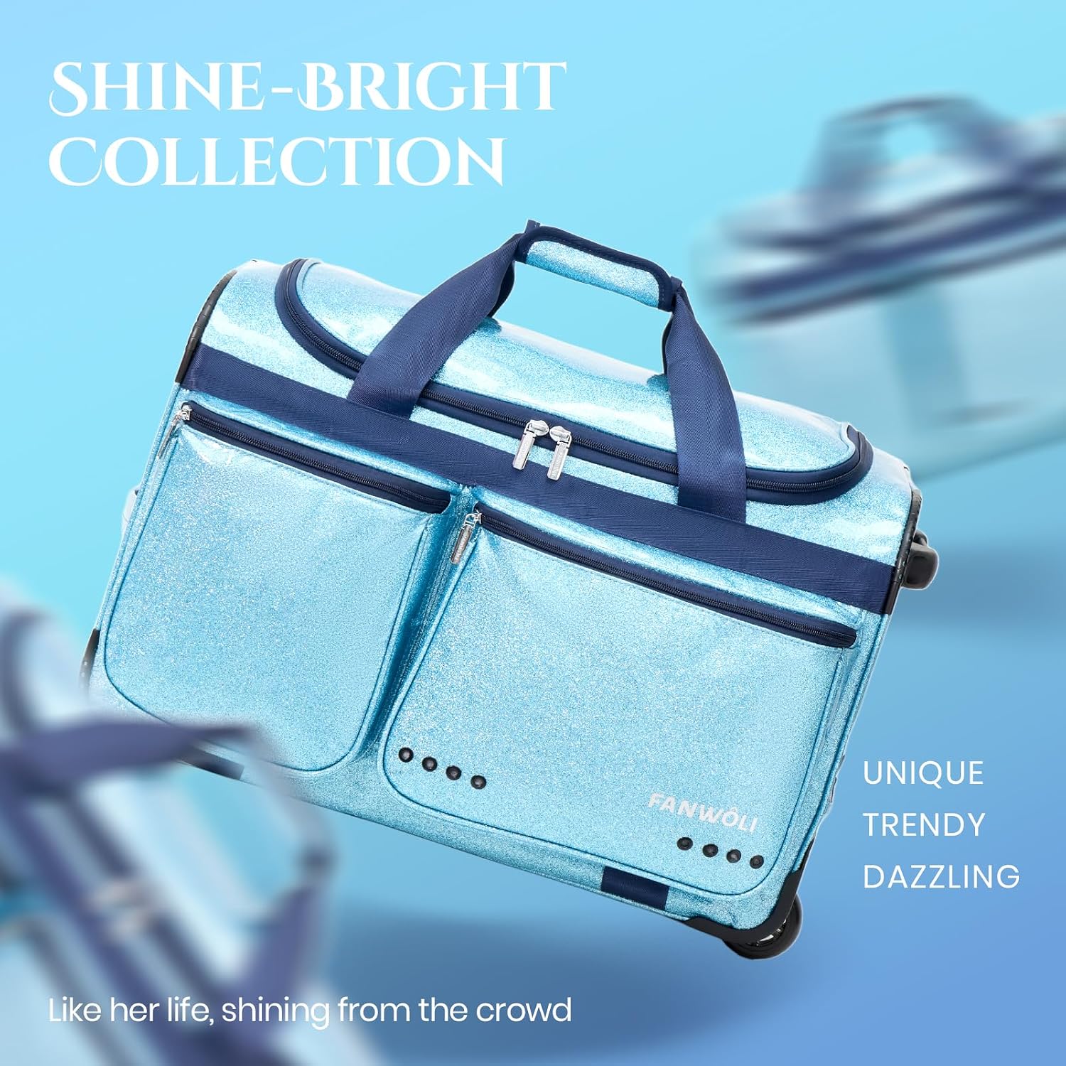 Fanwoli 23' Dance Bag with Garment Rack | Glittering Waterproof Fabric | Shine-Bright Collection | Ideal Competition Rolling Duffle Bag for Dancer Cheerleader Little Princess | Sparkle Blue