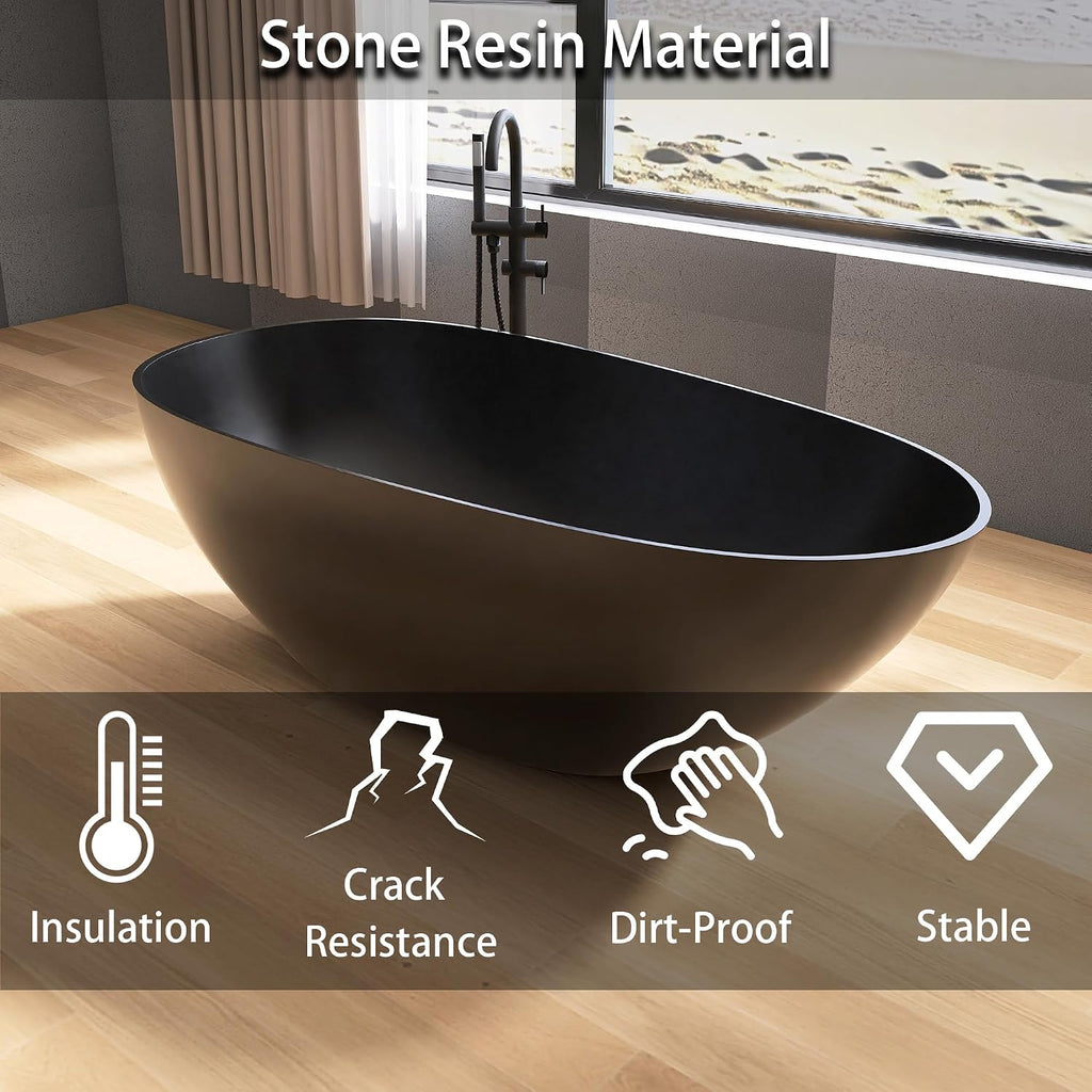67' Freestanding Bathtub, Contemporary Soaking Bathtub, Easy to Install, Solid Surface Soaking Tub with Overflow and Pop-up Drain, Matte Black 302MB1700