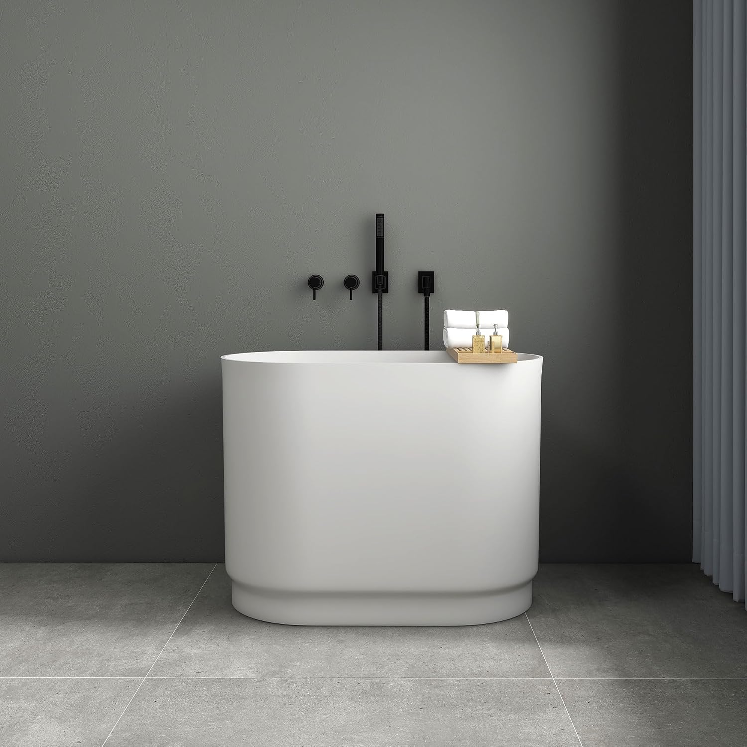 SJ Star&Jane 39' Solid Surface Japanese Soaking Bathtub Stone Resin Freestanding Tub Deep Soaking Bathtub Sit-In Design with Drain and Overflow