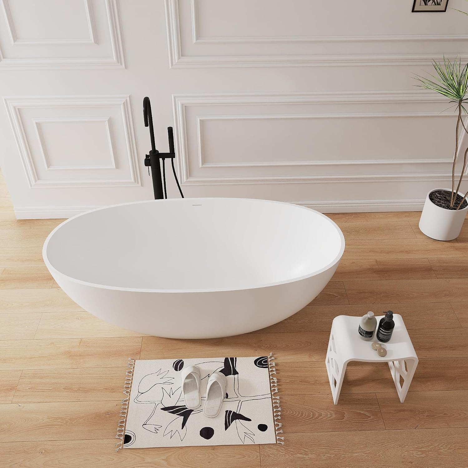 61' Premium Solid Surface Freestanding Soaking Bathtub,Oval Shape Stone Resin Tubs with Overflow and Pop-up Drain, Matte White