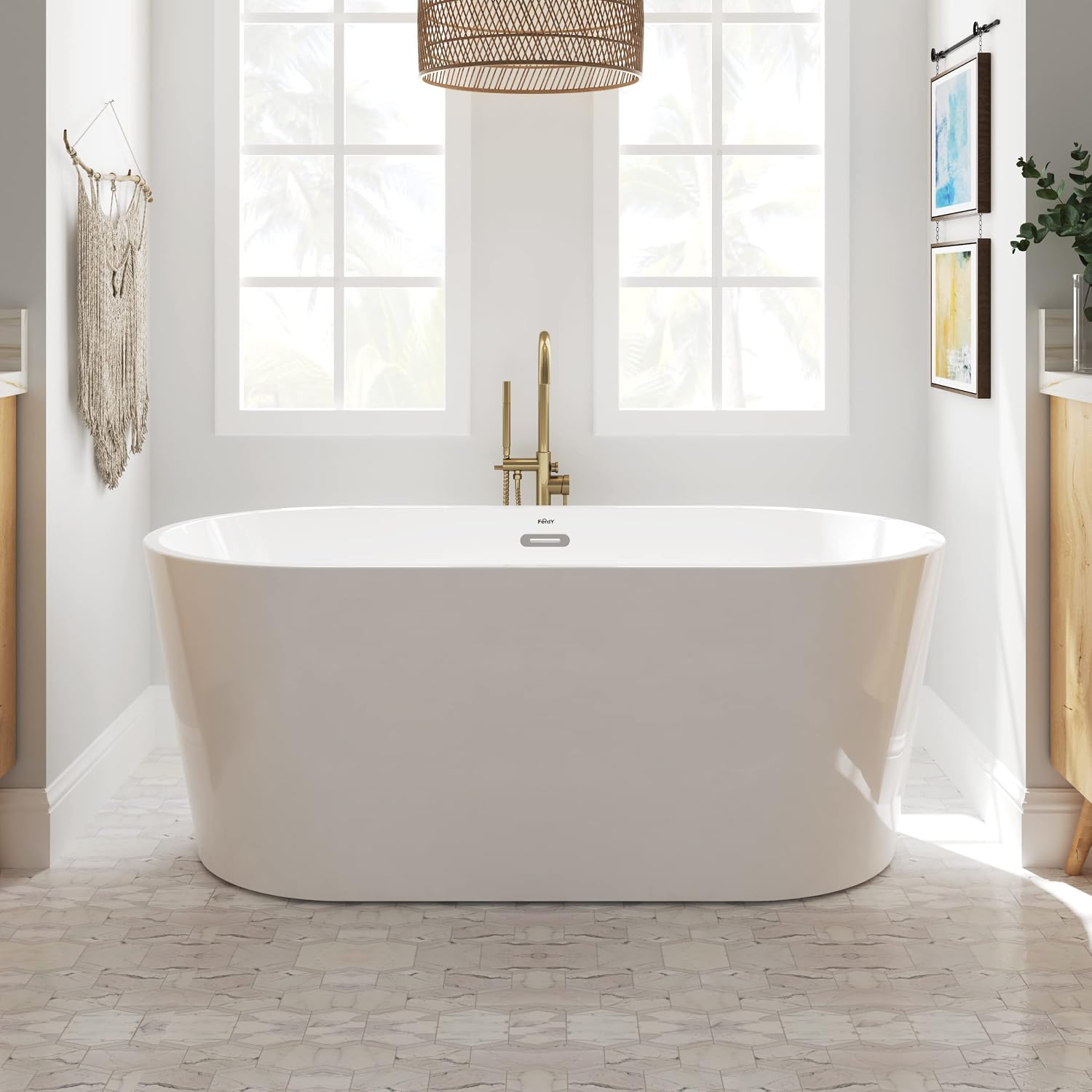 FerdY Shangri-La 59' Acrylic Freestanding Bathtub, Classic Oval Shape Acrylic freestanding tub Modern White, cUPC Certified, Chrome Drain and Classic Slotted Overflow Included