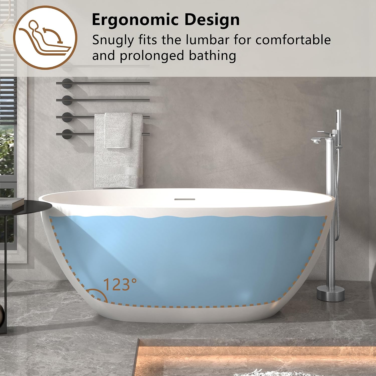 CASAINC 59'' Resin Stone Freestanding Bathtub, Matte White Soaking Bathtub Classic Oval Solid Surface Stand Alone Tub with Overflow and Pop-up Drain, Drain Hose & Sanding Paper