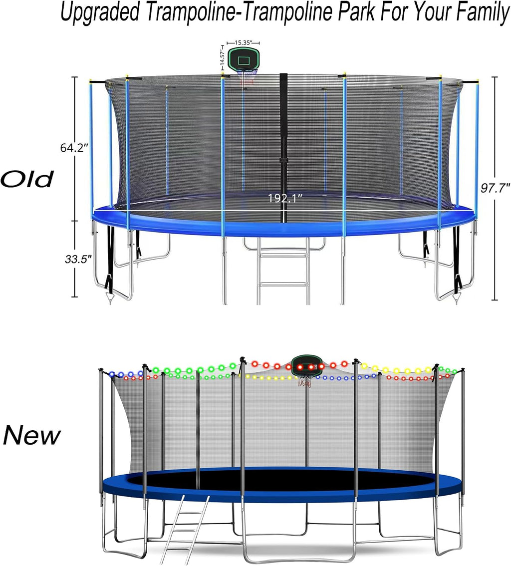 12FT 14FT 16FT Tranpoline for Adults and Kids, 1500 LBS Outdoor Tranpoline with Light, Sprinkler, Socks, Outdoor Recreational Tranpoline Heavy Duty - ASTM CPC CPSIA
