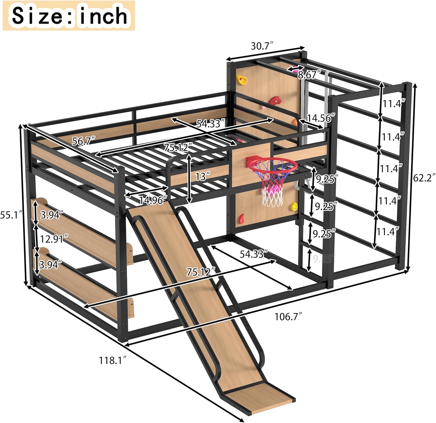 Metal Full Over Full Bunk Bed with Slide & Bookshelf, Heavy Duty Bunk Bed Frame with Basketball Hoop, Pull-Up Rings and Climbing Wall, Playhouse Bunk Beds for Boys and Girls, Yellow