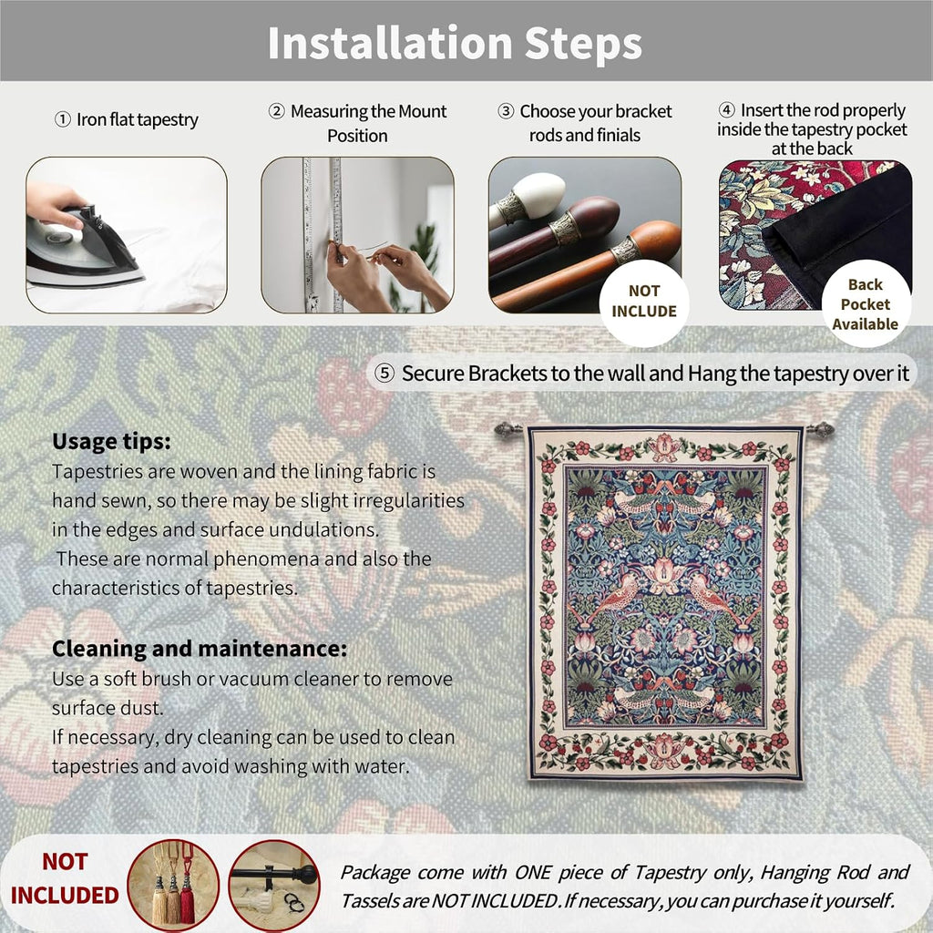ORIMONY William Morris Strawberry Thief Tapestry - Vintage Floral Bird Art, Medieval Jacquard Woven Tapestry Wall Hanging for Living Room & Bedroom Size 27'x35' (Blue)