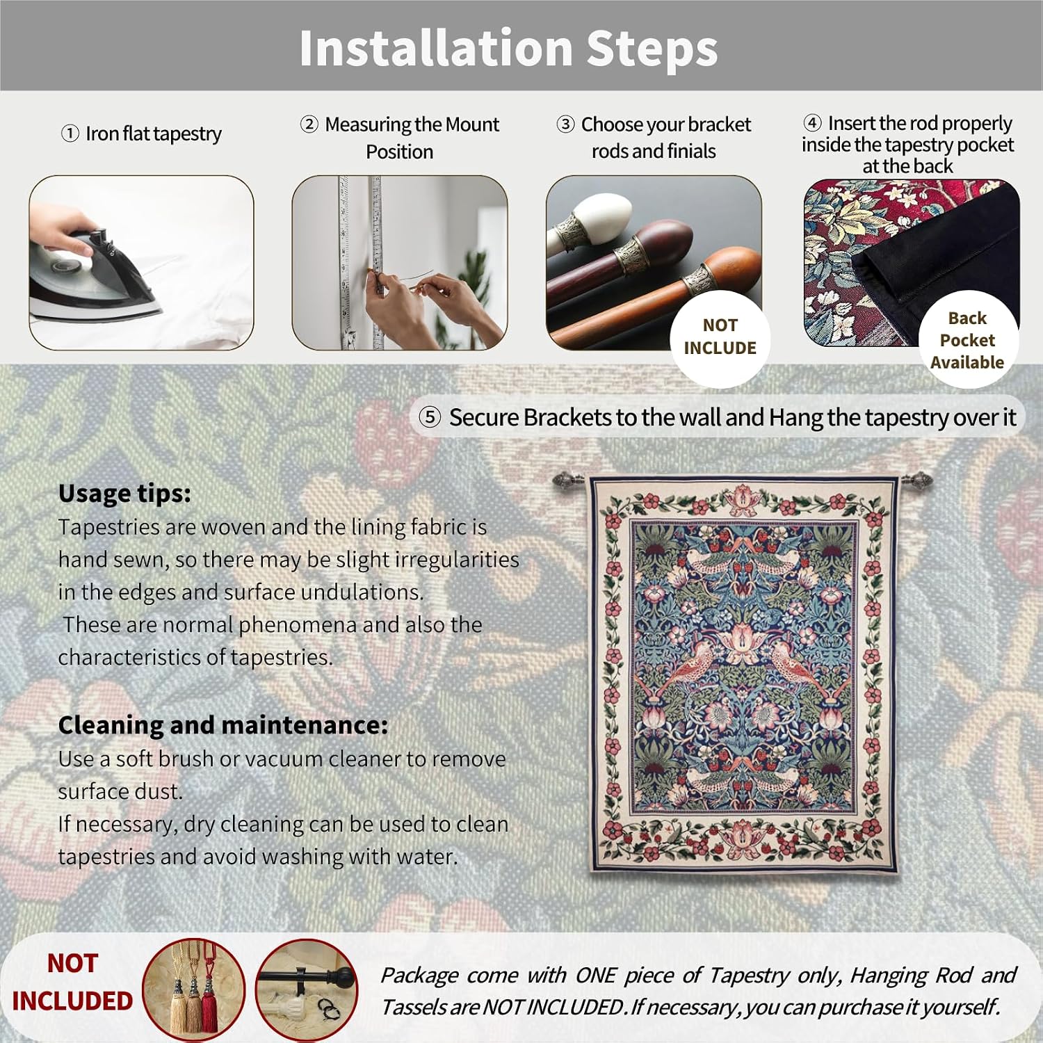 ORIMONY William Morris Strawberry Thief Tapestry - Vintage Floral Bird Art, Medieval Jacquard Woven Tapestry Wall Hanging for Living Room & Bedroom Size 27'x35' (Blue)