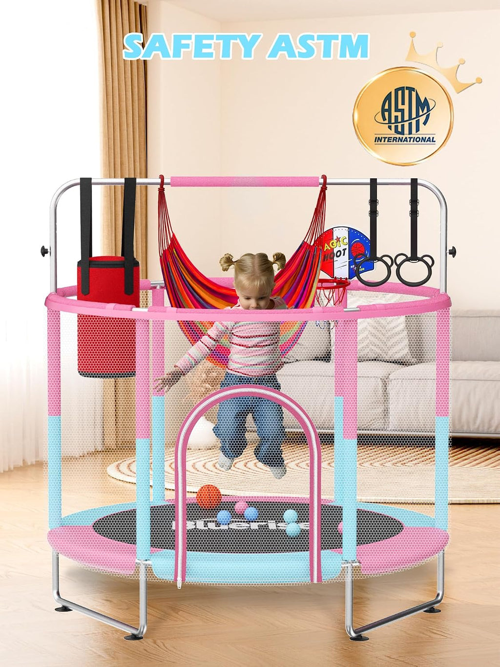 BLUERISE 60' Trampoline for Kids 5FT Toddler Trampolines Indoor/Outdoor with Adjustable Gymnastics Bar & Safety Net, No-Gap Design, Anti-Rollover Bottom, Basketball Hoop, Gifts for Boys & Girls