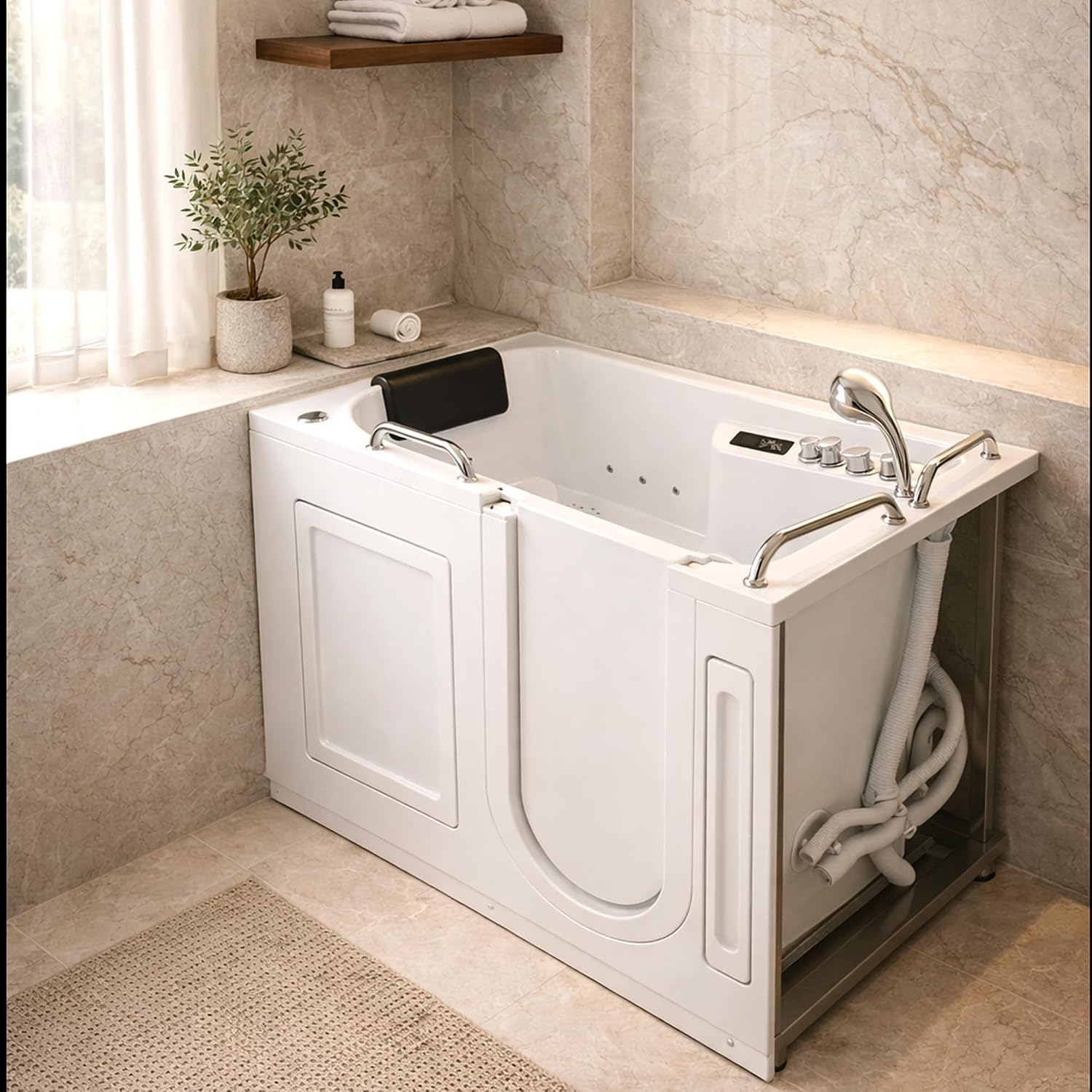 ANZZI Walk-In Tub, 27 x 53 in, Right Drain, Air & Whirlpool Jets, 110V | Spa features: Aromatherapy, chromatherapy, ADA slip-resistant seat, handheld shower, bath pillow included, LED light