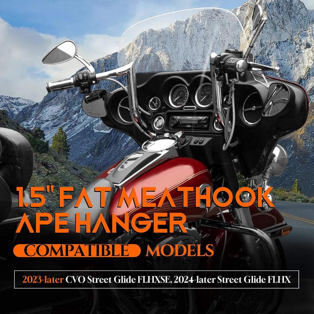 1 1/2 Inch Street Glide Handlebar 14' Rise Meathook Bar 1.5' Fat 1' Clamp Ape Hangers for Harley 2023-later CVO Street Glide FLHXSE & 2024 2025 2026 FLHX Models, Chrome