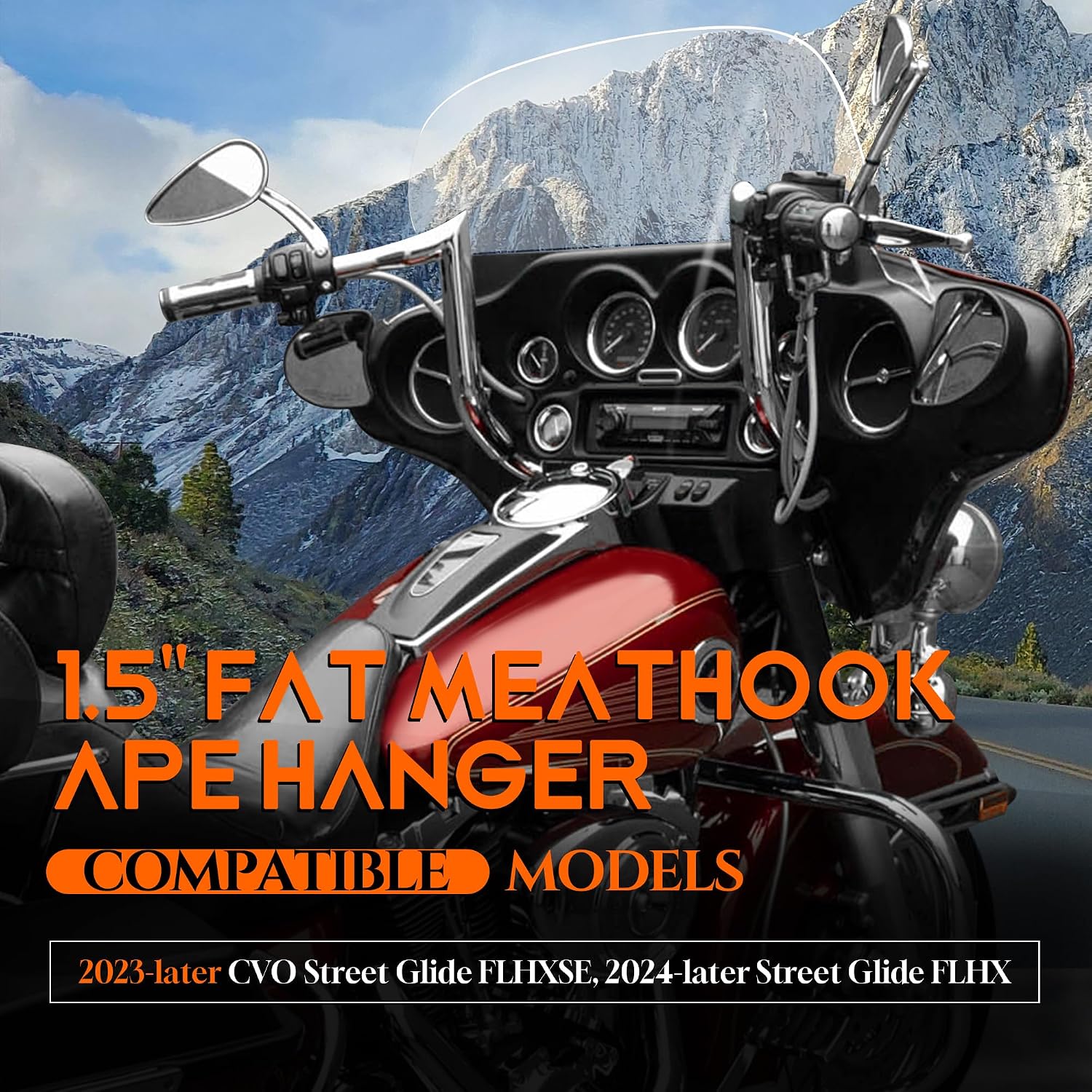 1 1/2 Inch Street Glide Handlebar 14' Rise Meathook Bar 1.5' Fat 1' Clamp Ape Hangers for Harley 2023-later CVO Street Glide FLHXSE & 2024 2025 2026 FLHX Models, Chrome
