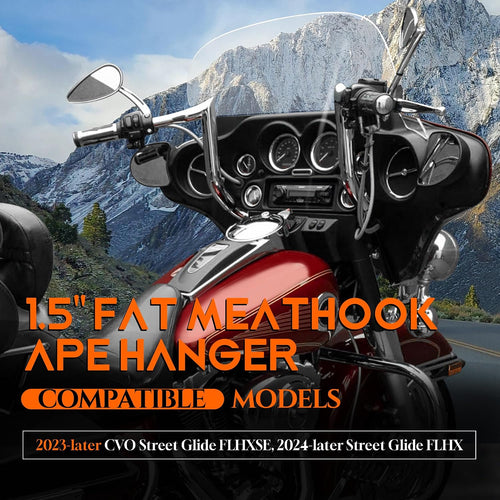 1 1/2 Inch Street Glide Handlebar 12' Rise Meathook Bar 1.5' Fat 1' Clamp Ape Hangers for Harley 2023-later CVO Street Glide FLHXSE & 2024 2025 2026 FLHX Models, Chrome