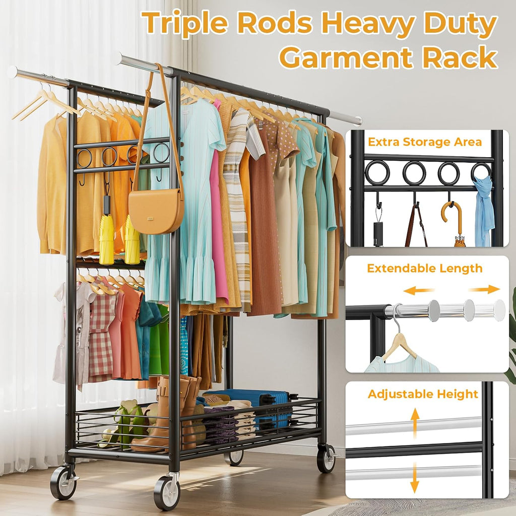 Heavy Duty Clothes Rack Load 960LBS, Three Rods Rolling Clothing Racks for Hanging Clothes, Rolling Garment Rack With Sturdy Wheels Shelves Hooks, Portable & Adjustable Commercial Garment Rack, Black