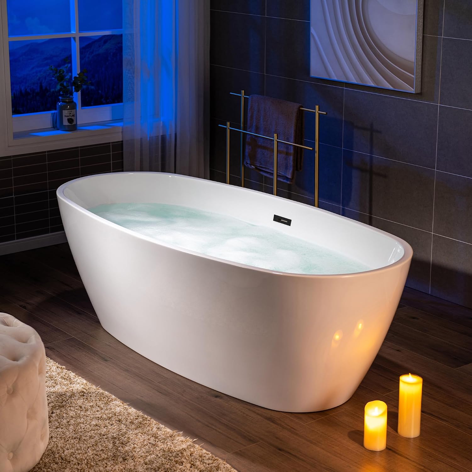 WOODBRIDGE 71' Acrylic Freestanding Bathtub Contemporary Soaking Tub, White Acrylic,Matte Black Drain/Overflow